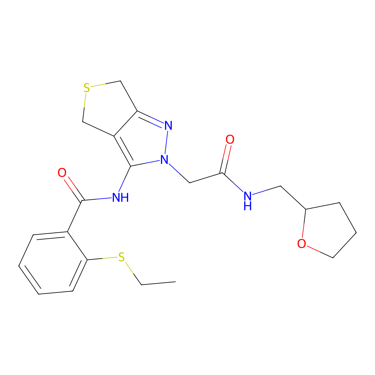 2-(ethylthio)-N-(2-(2-oxo-2-(((tetrahydrofuran-2-yl)methyl)amino)ethyl)-4,6-dihydro-2H-thieno[3,4-c]pyrazol-3-yl)benzamide molecular structure, CAS 1105250-68-7