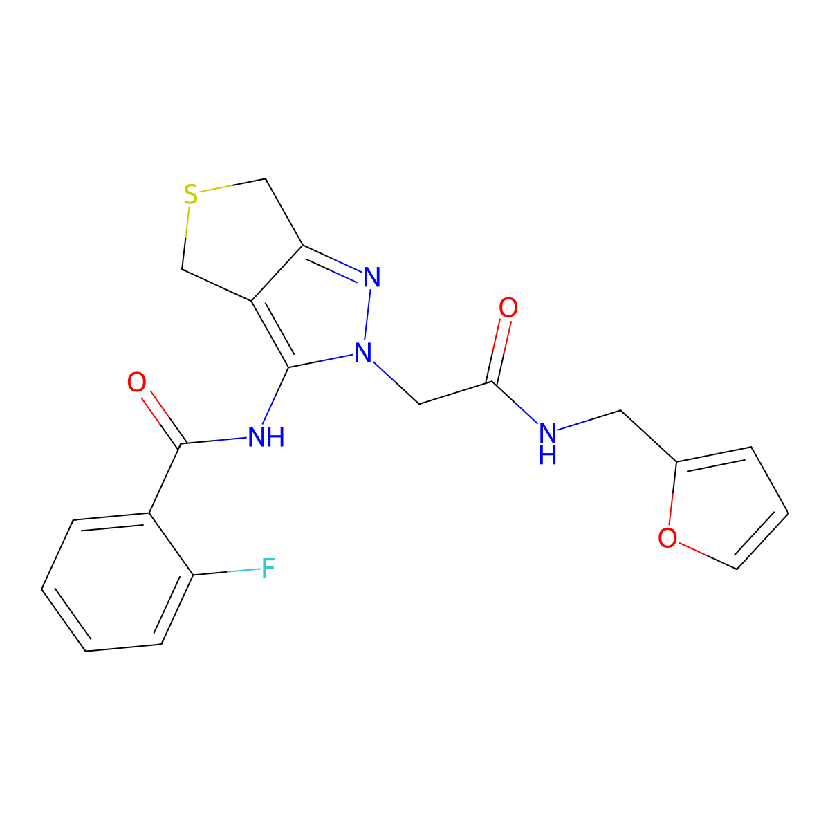 2-fluoro-N-(2-(2-((furan-2-ylmethyl)amino)-2-oxoethyl)-4,6-dihydro-2H-thieno[3,4-c]pyrazol-3-yl)benzamide molecular structure, CAS 1105250-86-9