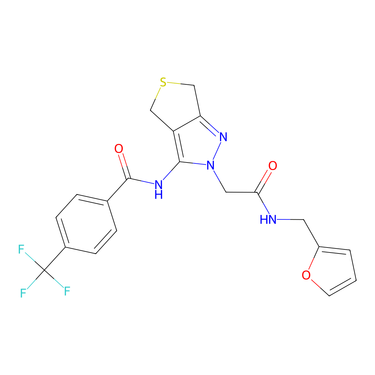 N-(2-(2-((furan-2-ylmethyl)amino)-2-oxoethyl)-4,6-dihydro-2H-thieno[3,4-c]pyrazol-3-yl)-4-(trifluoromethyl)benzamide molecular structure, CAS 1105250-92-7