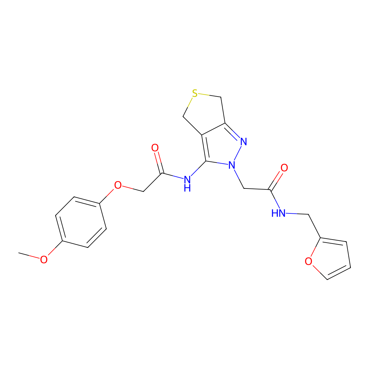N-(furan-2-ylmethyl)-2-(3-(2-(4-methoxyphenoxy)acetamido)-4,6-dihydro-2H-thieno[3,4-c]pyrazol-2-yl)acetamide molecular structure, CAS 1105250-98-3