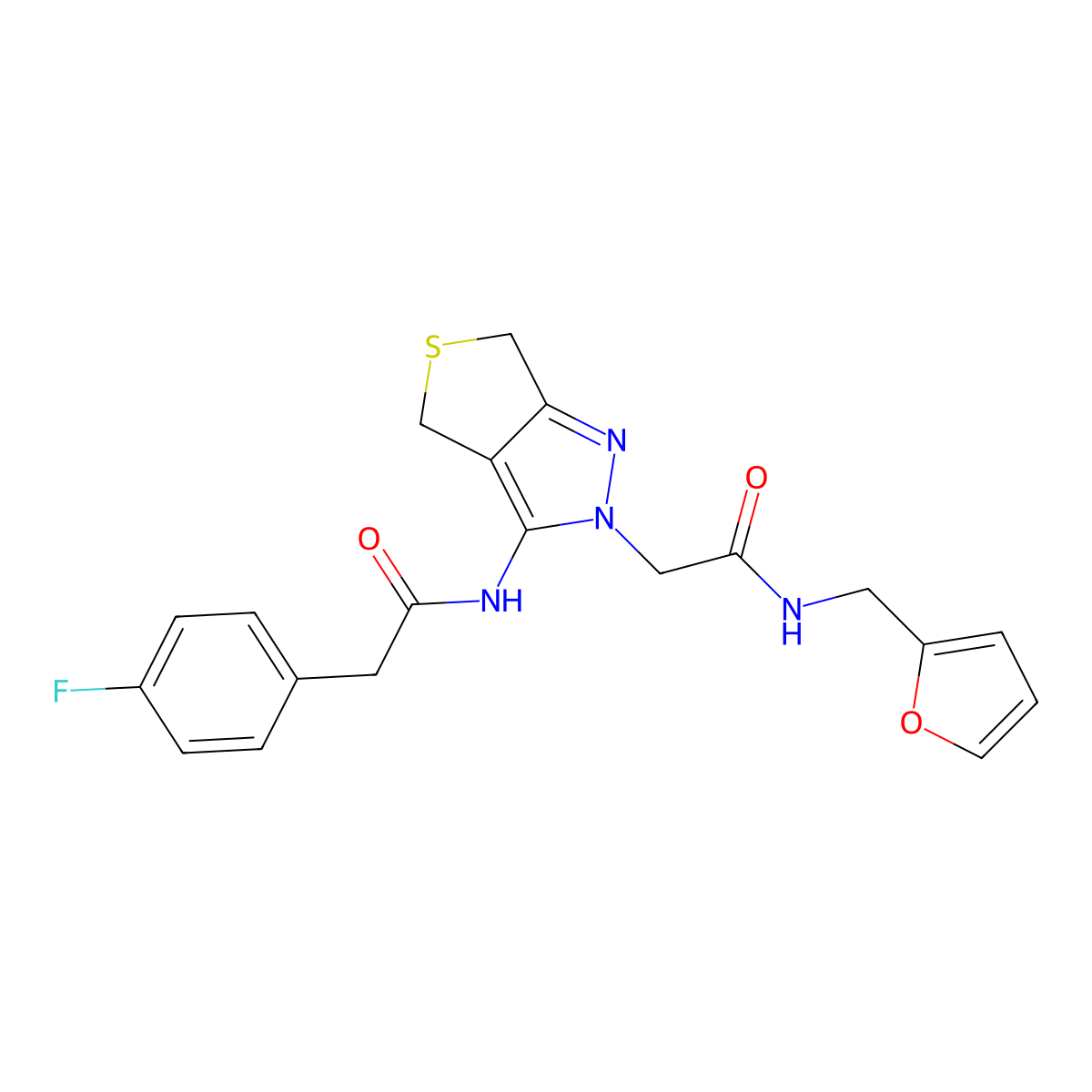 2-(4-fluorophenyl)-N-(2-(2-((furan-2-ylmethyl)amino)-2-oxoethyl)-4,6-dihydro-2H-thieno[3,4-c]pyrazol-3-yl)acetamide molecular structure, CAS 1105251-04-4