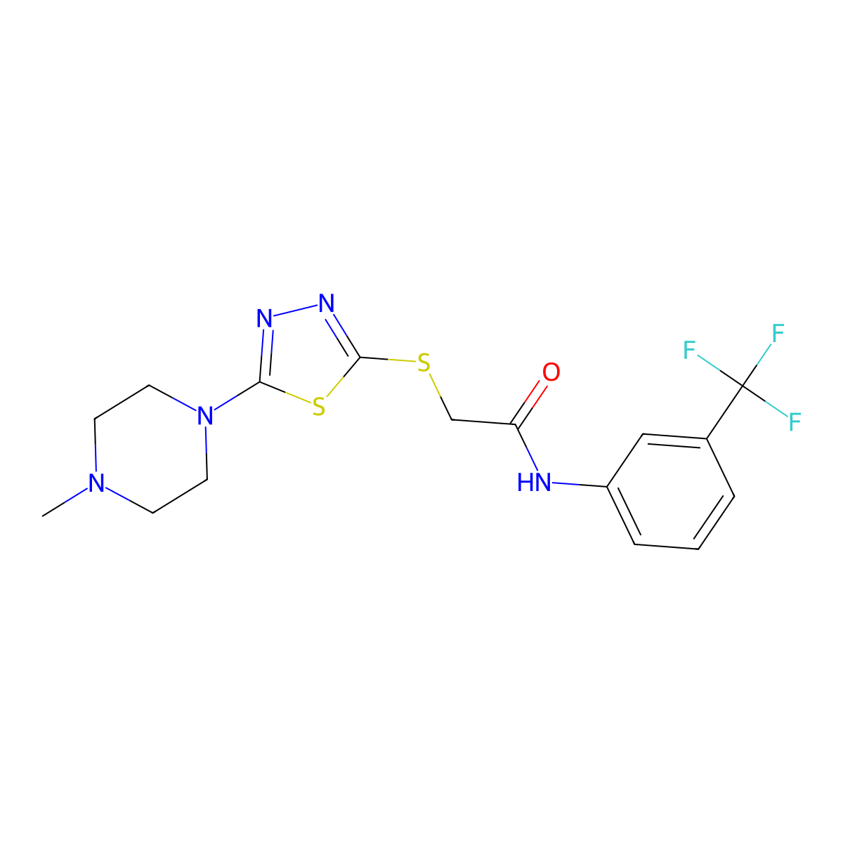 2-((5-(4-methylpiperazin-1-yl)-1,3,4-thiadiazol-2-yl)thio)-N-(3-(trifluoromethyl)phenyl)acetamide molecular structure, CAS 1105251-34-0