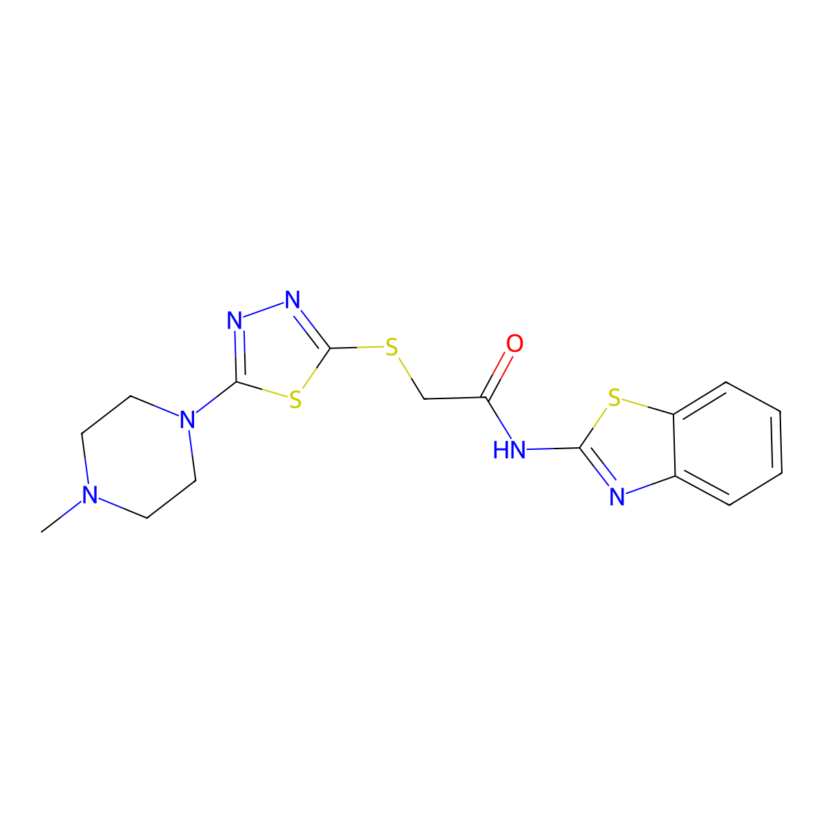 N-(benzo[d]thiazol-2-yl)-2-((5-(4-methylpiperazin-1-yl)-1,3,4-thiadiazol-2-yl)thio)acetamide molecular structure, CAS 1105251-43-1