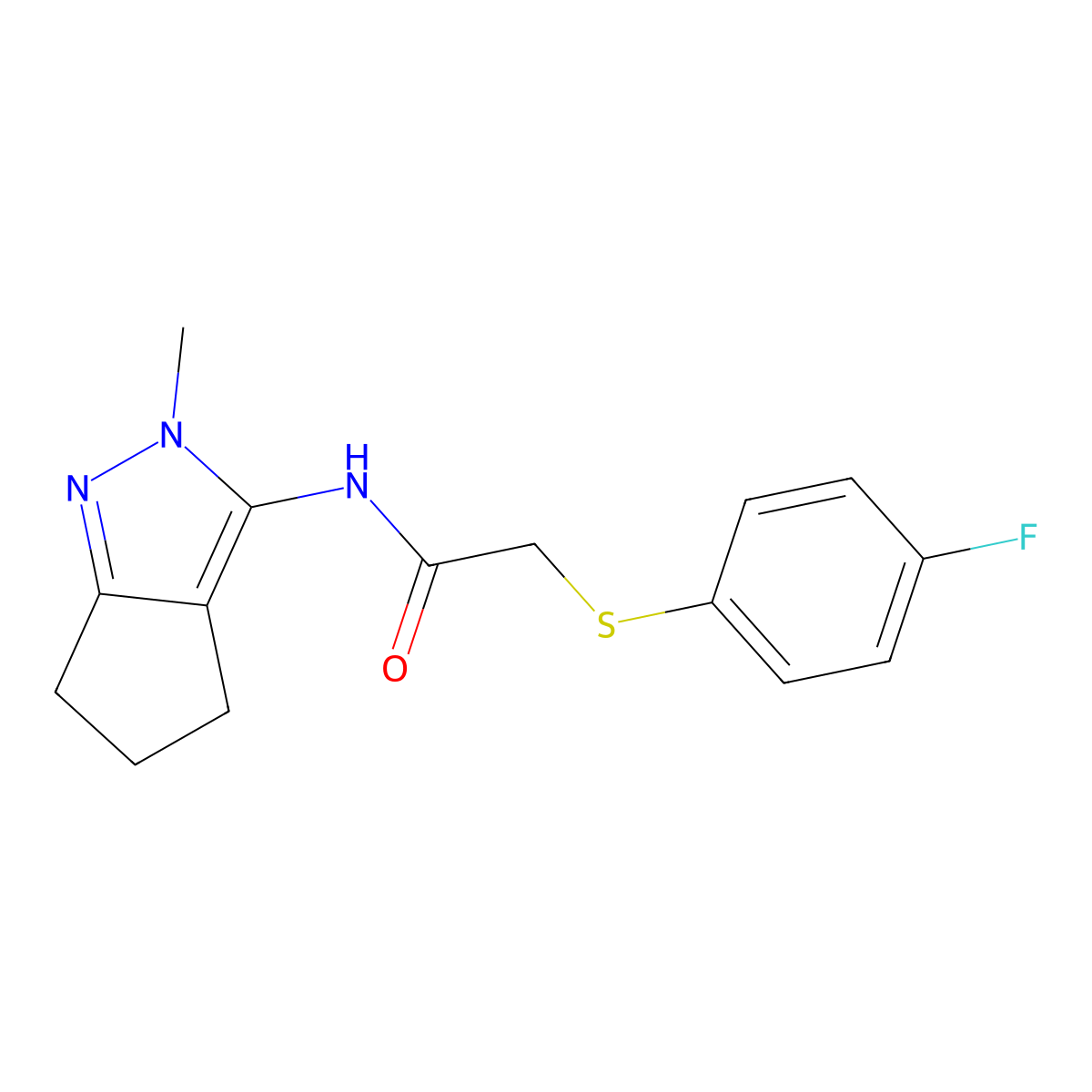 2-((4-fluorophenyl)thio)-N-(2-methyl-2,4,5,6-tetrahydrocyclopenta[c]pyrazol-3-yl)acetamide molecular structure, CAS 1105251-49-7