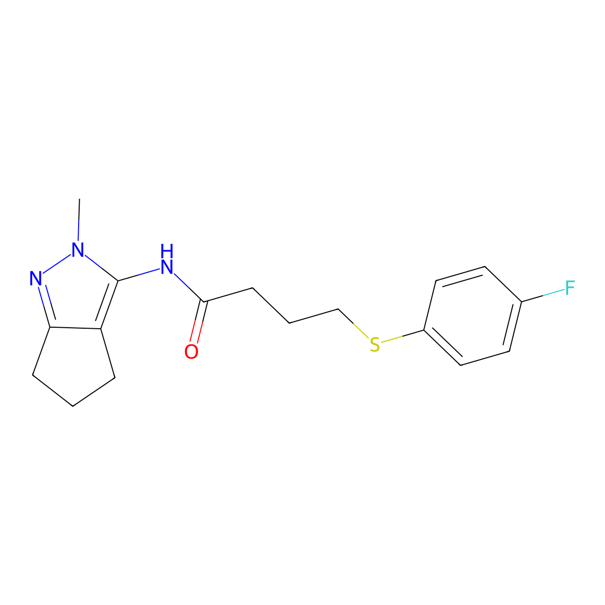 4-((4-fluorophenyl)thio)-N-(2-methyl-2,4,5,6-tetrahydrocyclopenta[c]pyrazol-3-yl)butanamide molecular structure, CAS 1105251-65-7