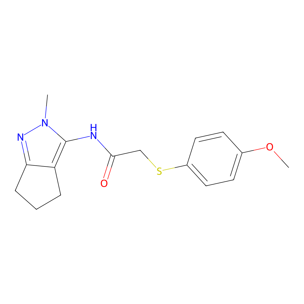 2-(4-Methoxyphenyl)sulfanyl-~{n}-(2-Methyl-5,6-Dihydro-4~{h}-Cyclopenta[c]pyrazol-3-Yl)ethanamide molecular structure, CAS 1105251-73-7