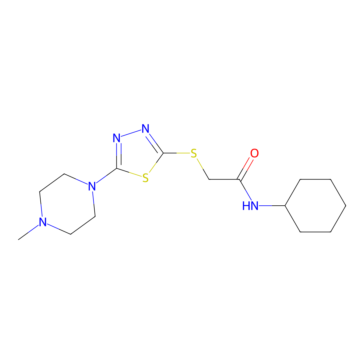 N-cyclohexyl-2-((5-(4-methylpiperazin-1-yl)-1,3,4-thiadiazol-2-yl)thio)acetamide molecular structure, CAS 1105251-75-9
