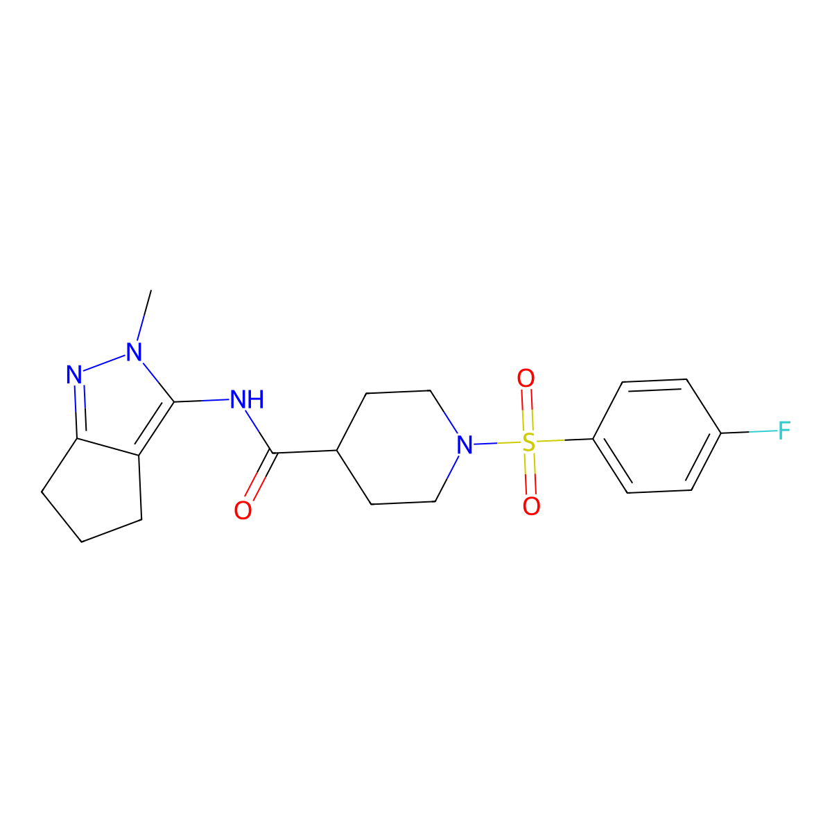1-((4-fluorophenyl)sulfonyl)-N-(2-methyl-2,4,5,6-tetrahydrocyclopenta[c]pyrazol-3-yl)piperidine-4-carboxamide molecular structure, CAS 1105251-77-1