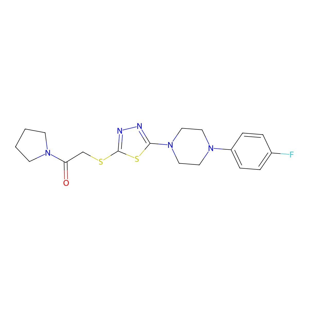 2-((5-(4-(4-Fluorophenyl)piperazin-1-yl)-1,3,4-thiadiazol-2-yl)thio)-1-(pyrrolidin-1-yl)ethanone molecular structure, CAS 1105251-86-2