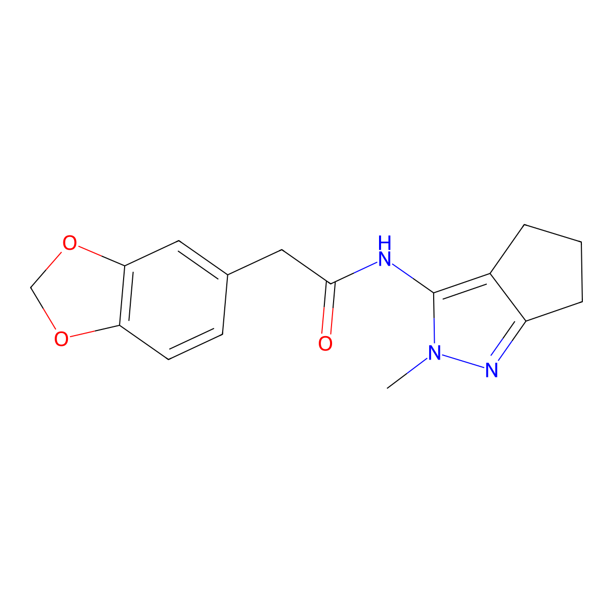2-(benzo[d][1,3]dioxol-5-yl)-N-(2-methyl-2,4,5,6-tetrahydrocyclopenta[c]pyrazol-3-yl)acetamide molecular structure, CAS 1105251-89-5