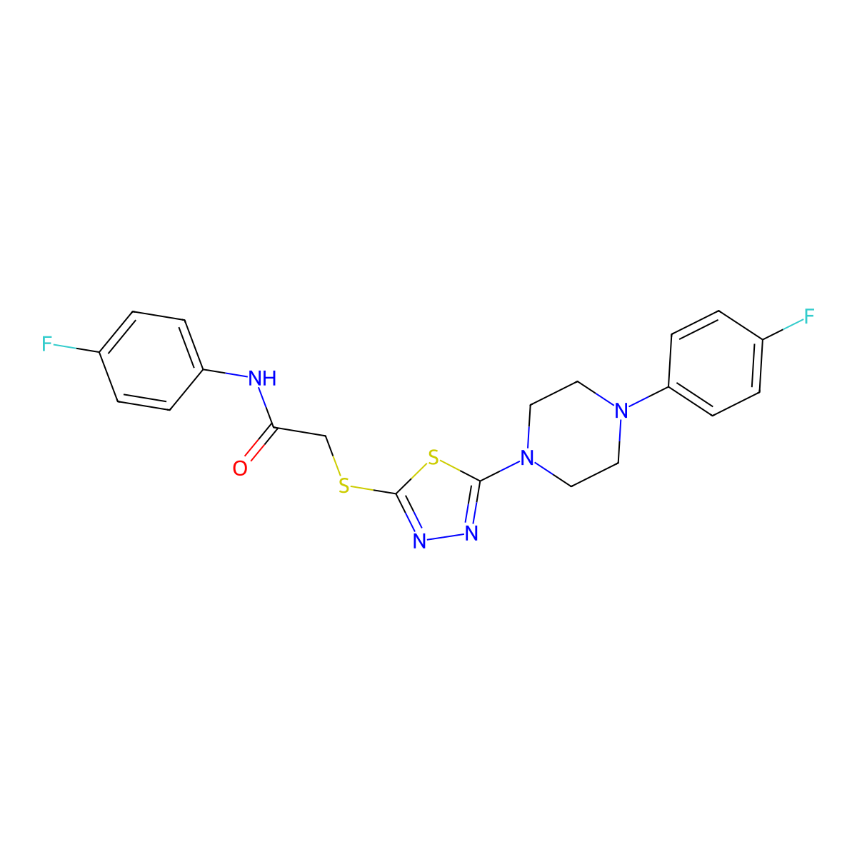N-(4-fluorophenyl)-2-((5-(4-(4-fluorophenyl)piperazin-1-yl)-1,3,4-thiadiazol-2-yl)thio)acetamide molecular structure, CAS 1105251-94-2