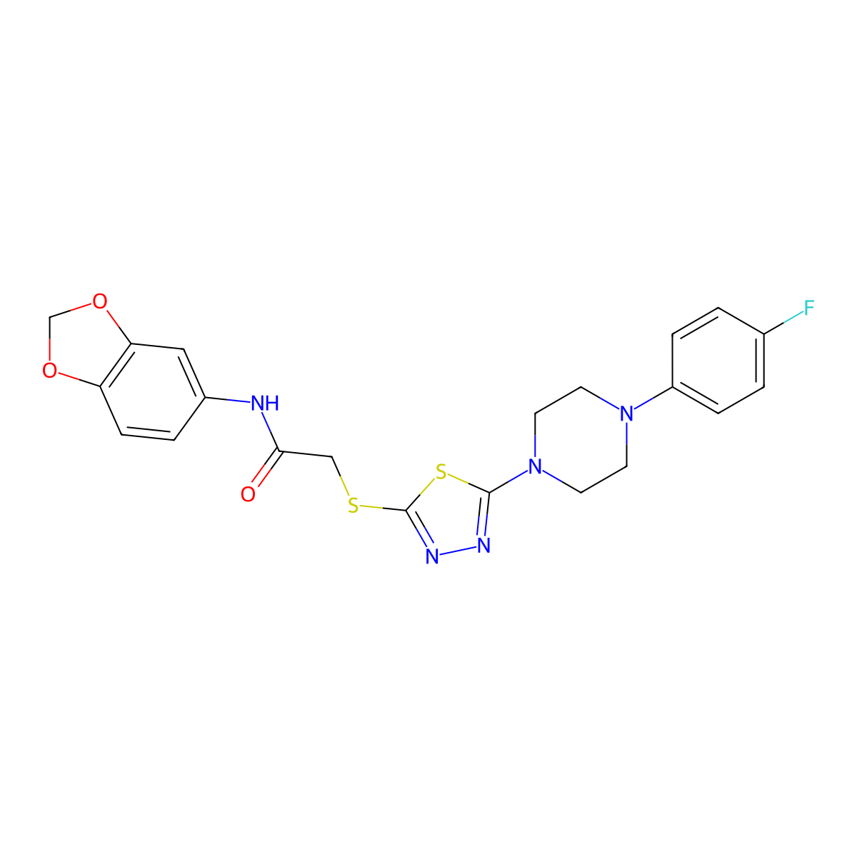 N-(benzo[d][1,3]dioxol-5-yl)-2-((5-(4-(4-fluorophenyl)piperazin-1-yl)-1,3,4-thiadiazol-2-yl)thio)acetamide molecular structure, CAS 1105251-97-5