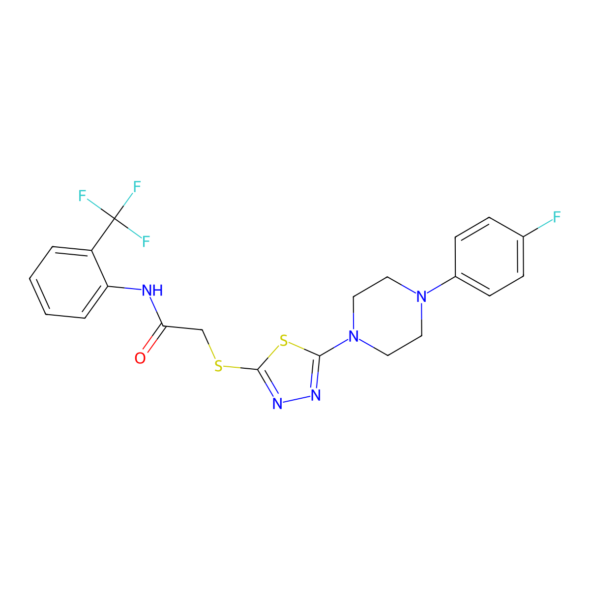 2-((5-(4-(4-fluorophenyl)piperazin-1-yl)-1,3,4-thiadiazol-2-yl)thio)-N-(2-(trifluoromethyl)phenyl)acetamide molecular structure, CAS 1105252-00-3