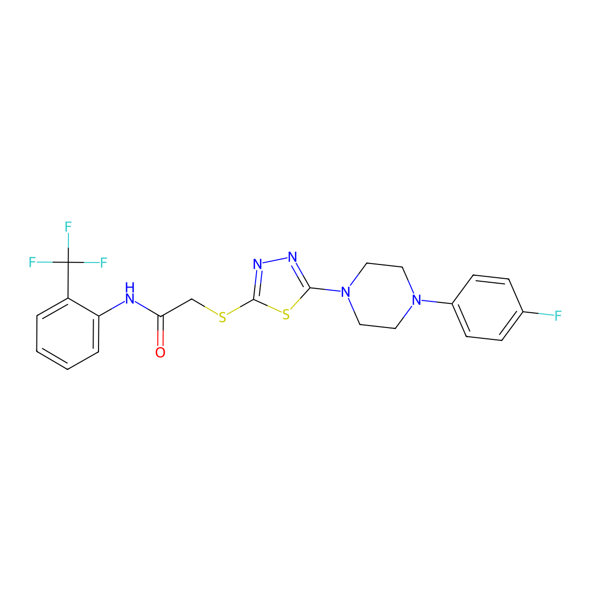 2-((5-(4-(4-fluorophenyl)piperazin-1-yl)-1,3,4-thiadiazol-2-yl)thio)-N-(2-(trifluoromethyl)phenyl)acetamide molecular structure, CAS 1105252-00-3