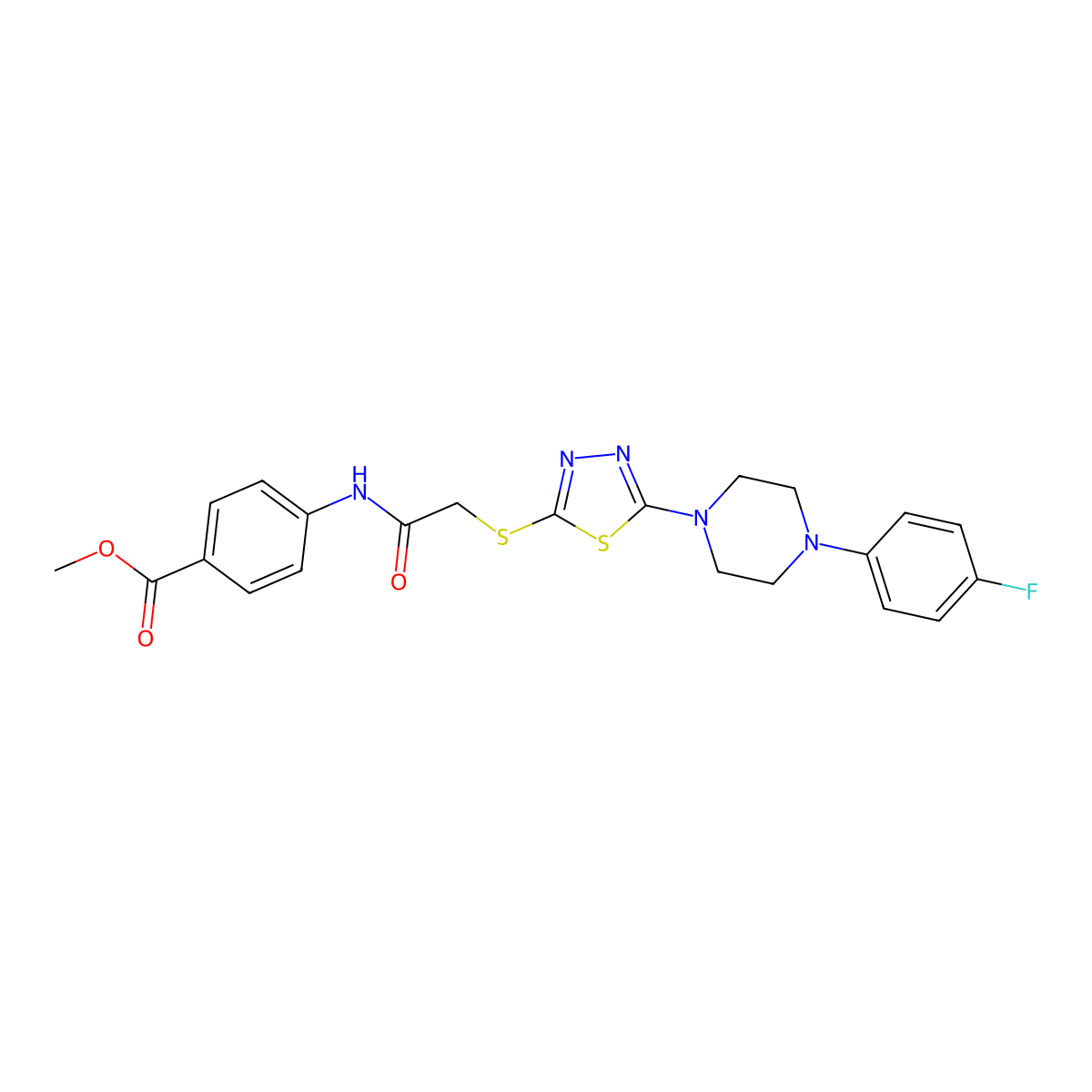 Methyl 4-(2-((5-(4-(4-fluorophenyl)piperazin-1-yl)-1,3,4-thiadiazol-2-yl)thio)acetamido)benzoate molecular structure, CAS 1105252-03-6