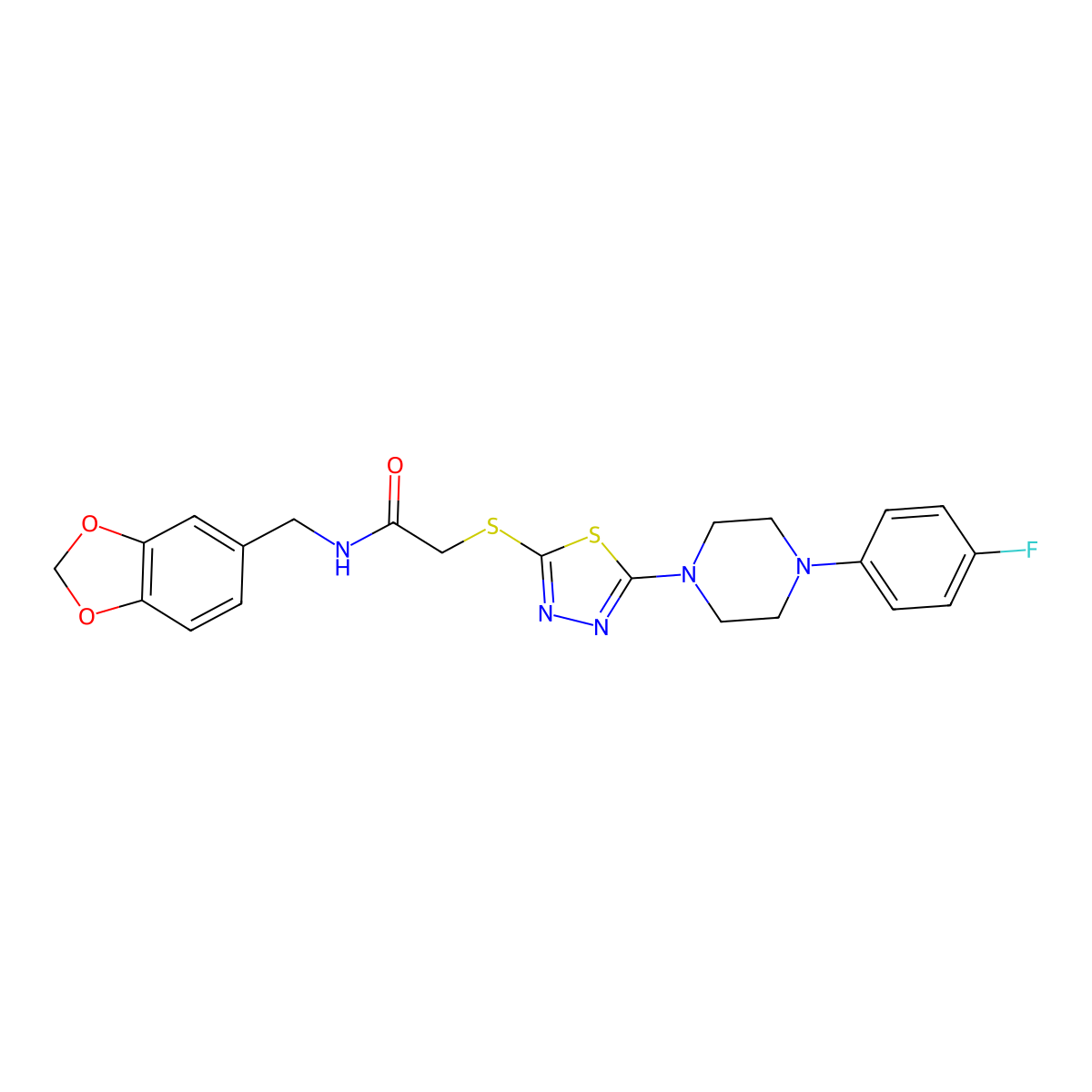 N-(benzo[d][1,3]dioxol-5-ylmethyl)-2-((5-(4-(4-fluorophenyl)piperazin-1-yl)-1,3,4-thiadiazol-2-yl)thio)acetamide molecular structure, CAS 1105252-06-9