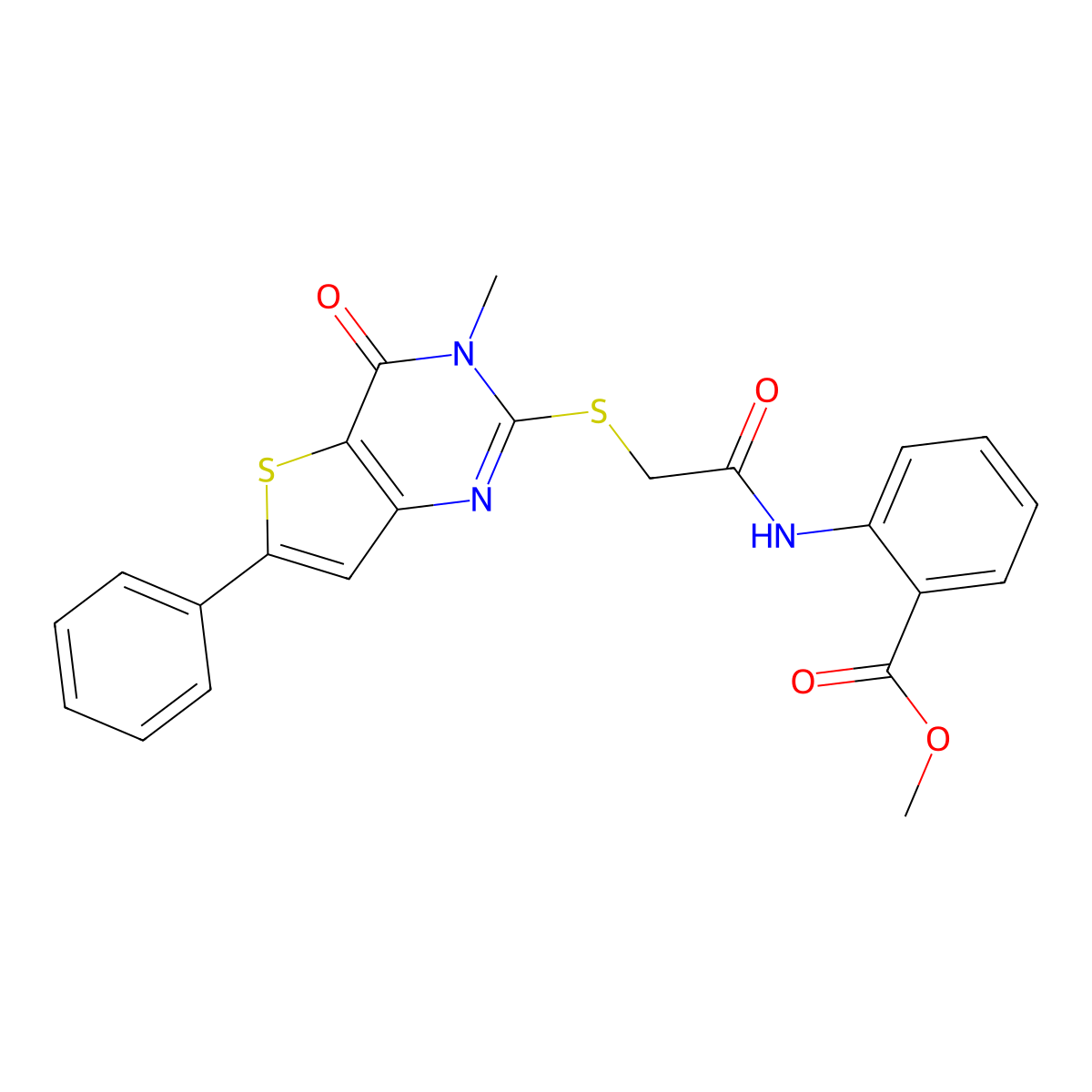 Methyl 2-(2-((3-methyl-4-oxo-6-phenyl-3,4-dihydrothieno[3,2-d]pyrimidin-2-yl)thio)acetamido)benzoate molecular structure, CAS 1105252-07-0
