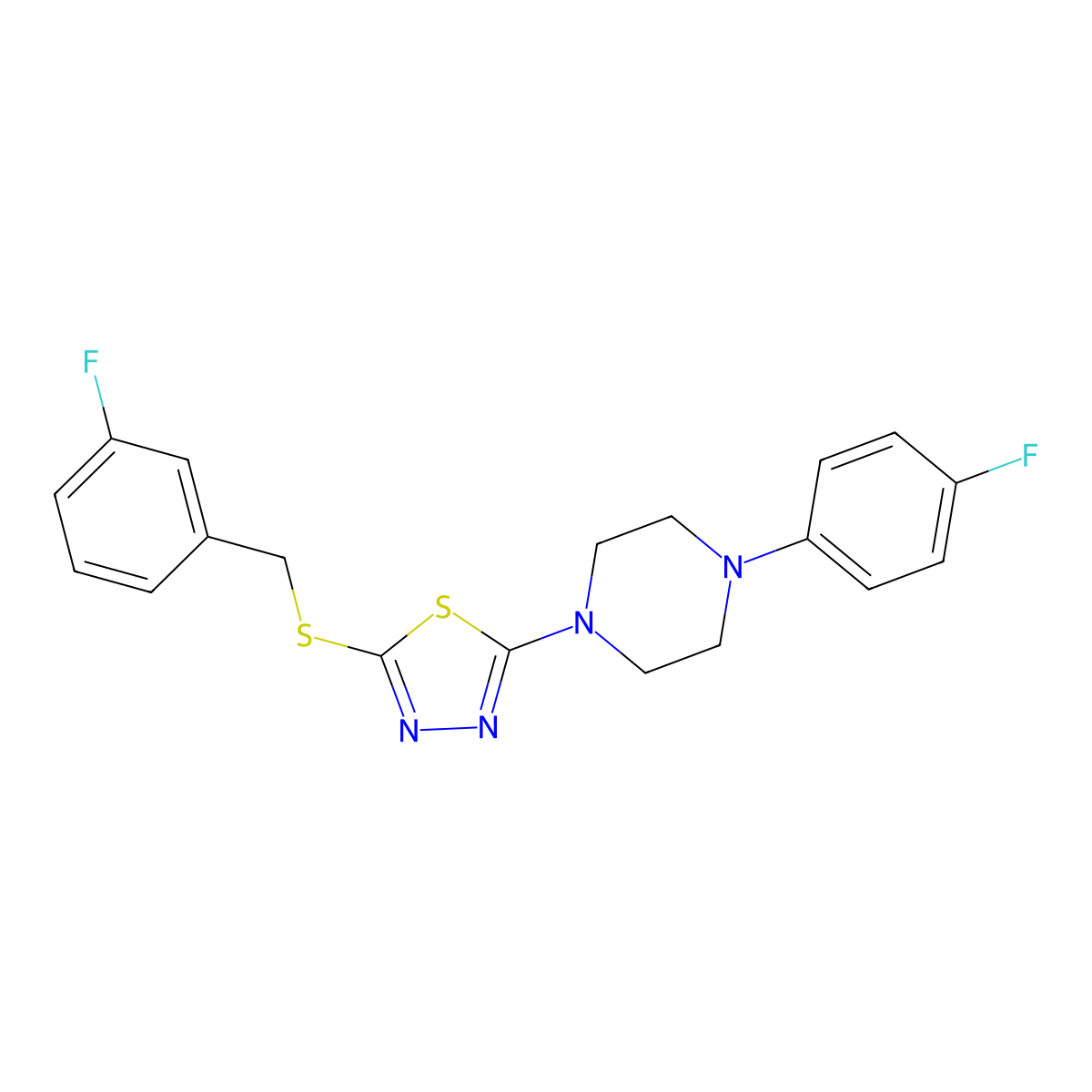 2-((3-Fluorobenzyl)thio)-5-(4-(4-fluorophenyl)piperazin-1-yl)-1,3,4-thiadiazole molecular structure, CAS 1105252-19-4