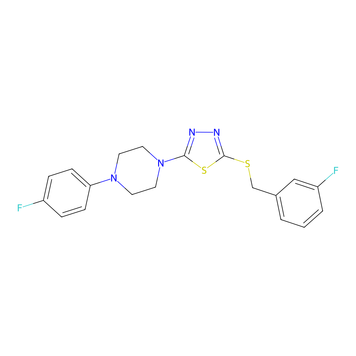 2-((3-Fluorobenzyl)thio)-5-(4-(4-fluorophenyl)piperazin-1-yl)-1,3,4-thiadiazole molecular structure, CAS 1105252-19-4