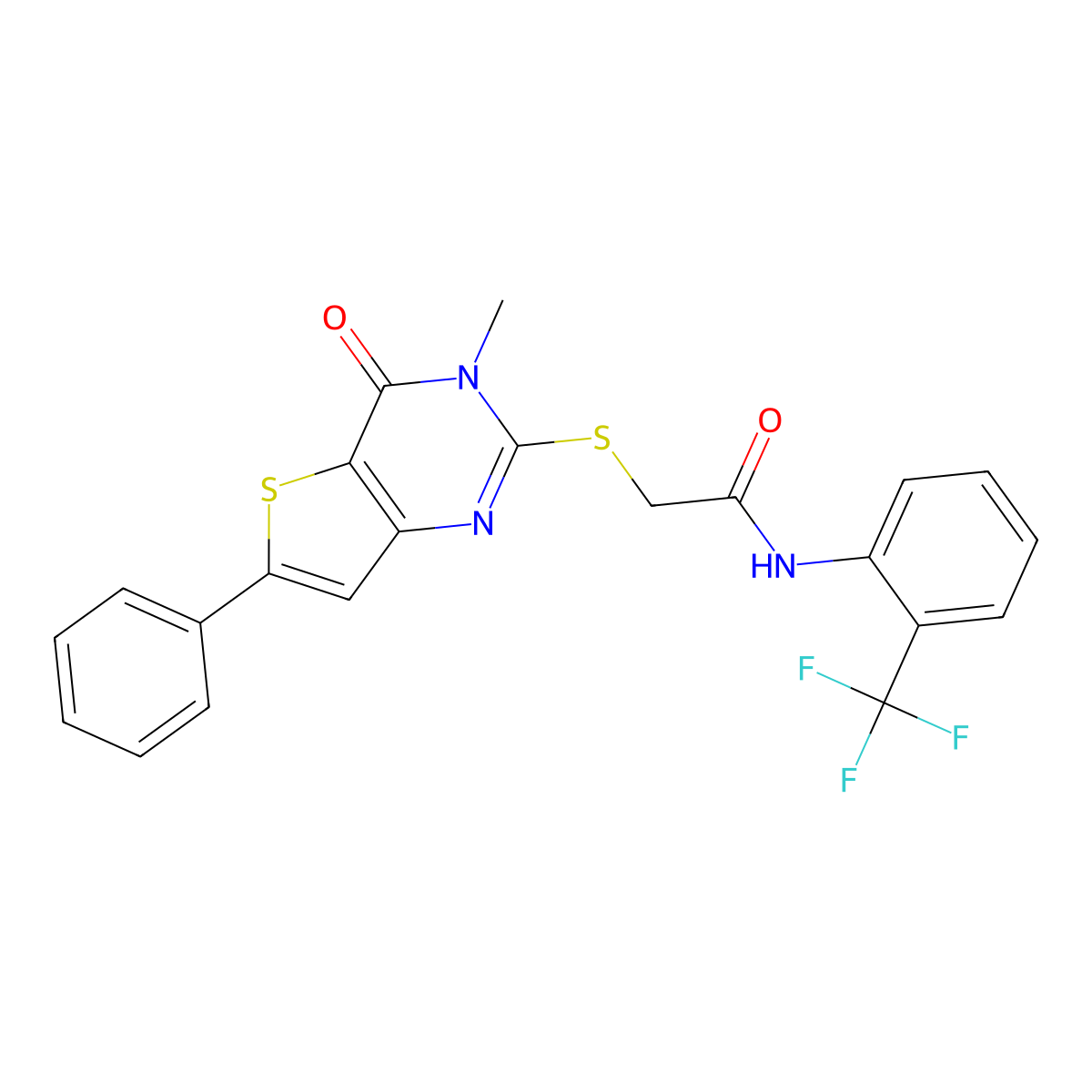 2-({3-methyl-4-oxo-6-phenyl-3H,4H-thieno[3,2-d]pyrimidin-2-yl}sulfanyl)-N-[2-(trifluoromethyl)phenyl]acetamide molecular structure, CAS 1105252-31-0