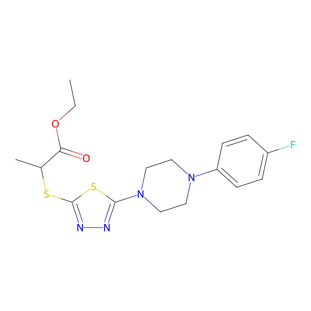 Ethyl 2-((5-(4-(4-fluorophenyl)piperazin-1-yl)-1,3,4-thiadiazol-2-yl)thio)propanoate molecular structure, CAS 1105252-34-3