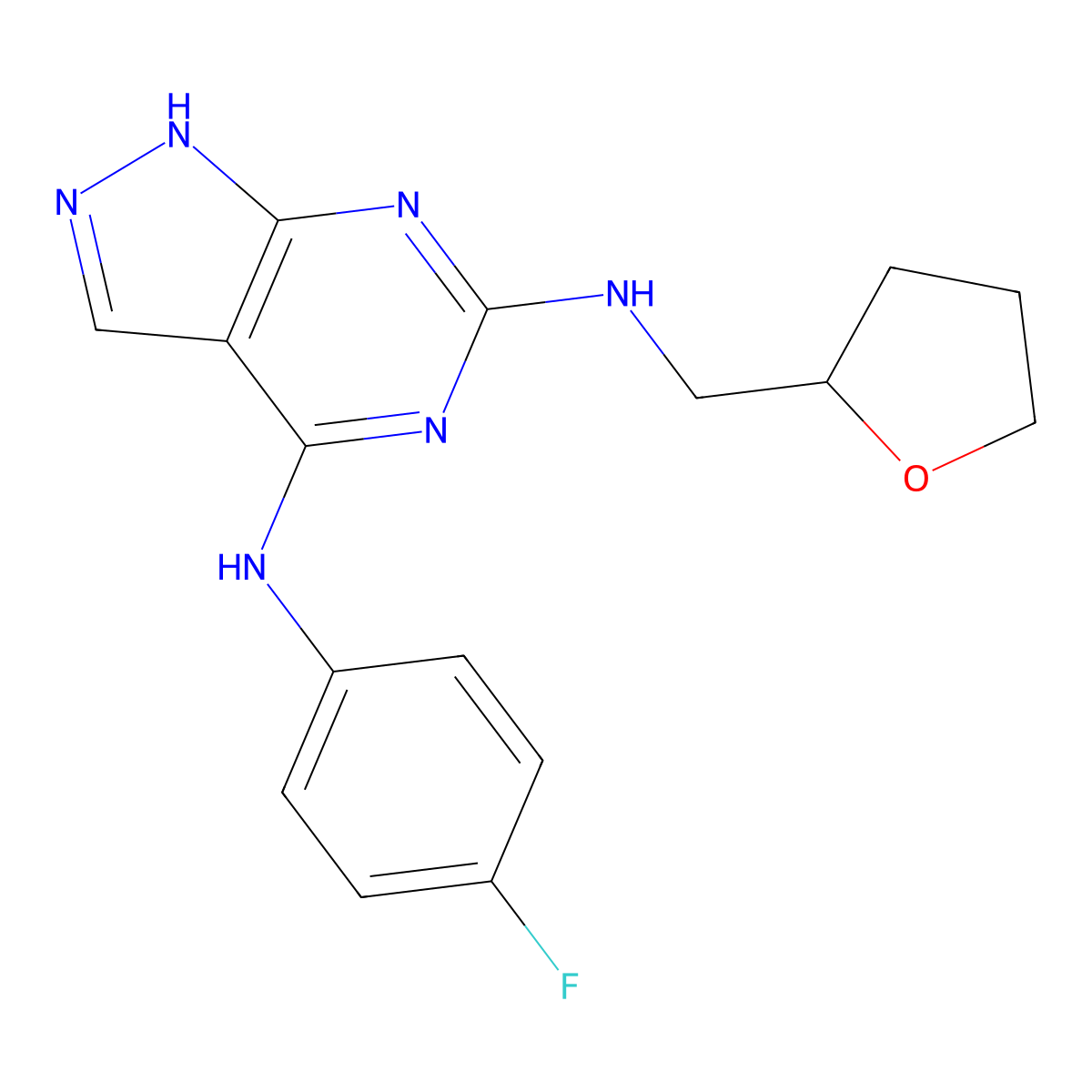 N~4~-(4-fluorophenyl)-N~6~-(tetrahydrofuran-2-ylmethyl)-1H-pyrazolo[3,4-d]pyrimidine-4,6-diamine molecular structure, CAS 1105252-44-5