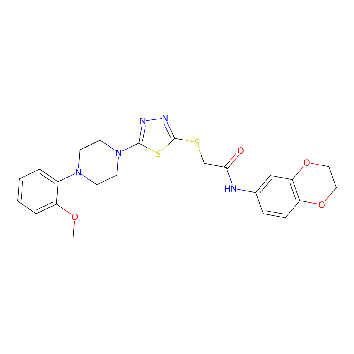 N-(2,3-dihydrobenzo[b][1,4]dioxin-6-yl)-2-((5-(4-(2-methoxyphenyl)piperazin-1-yl)-1,3,4-thiadiazol-2-yl)thio)acetamide molecular structure, CAS 1105252-50-3