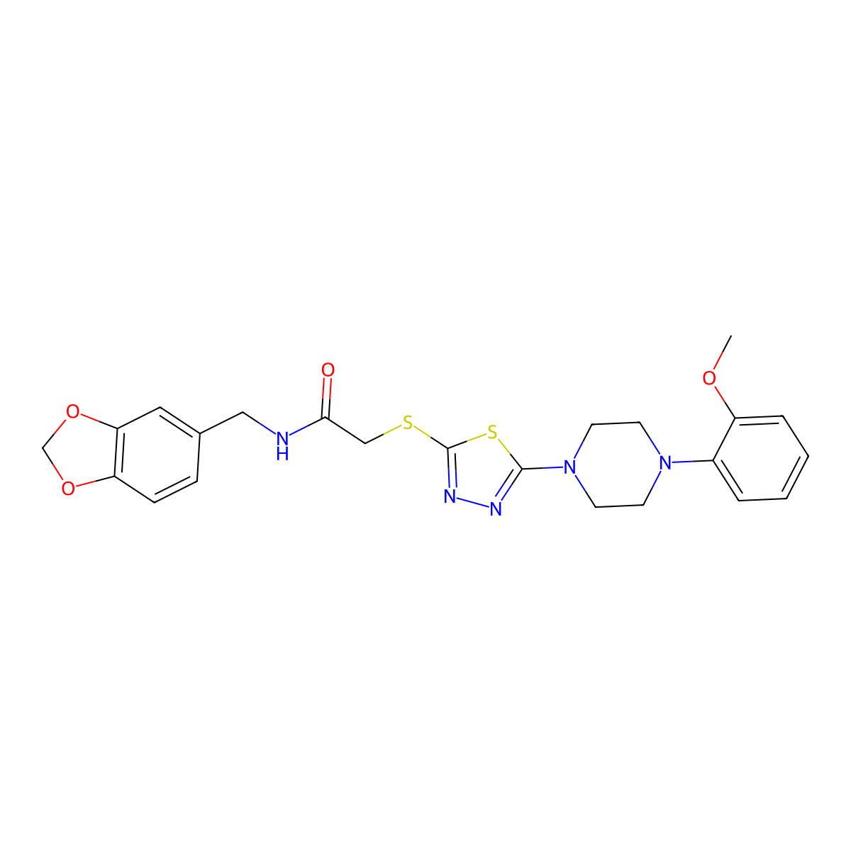 N-(benzo[d][1,3]dioxol-5-ylmethyl)-2-((5-(4-(2-methoxyphenyl)piperazin-1-yl)-1,3,4-thiadiazol-2-yl)thio)acetamide molecular structure, CAS 1105252-53-6