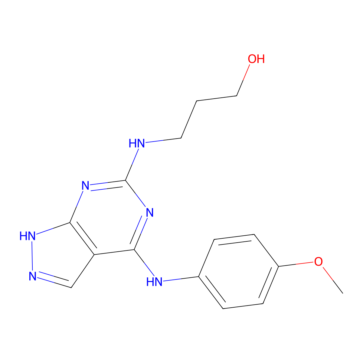 3-((4-((4-methoxyphenyl)amino)-1H-pyrazolo[3,4-d]pyrimidin-6-yl)amino)propan-1-ol molecular structure, CAS 1105252-76-3