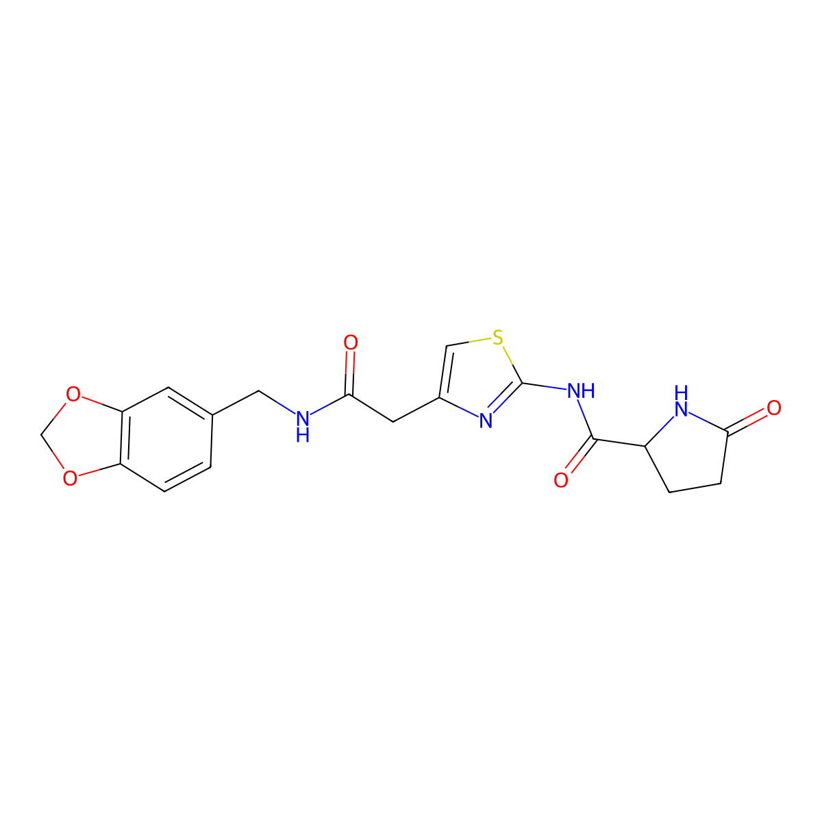 N-(4-(2-((benzo[d][1,3]dioxol-5-ylmethyl)amino)-2-oxoethyl)thiazol-2-yl)-5-oxopyrrolidine-2-carboxamide molecular structure, CAS 1105682-46-9