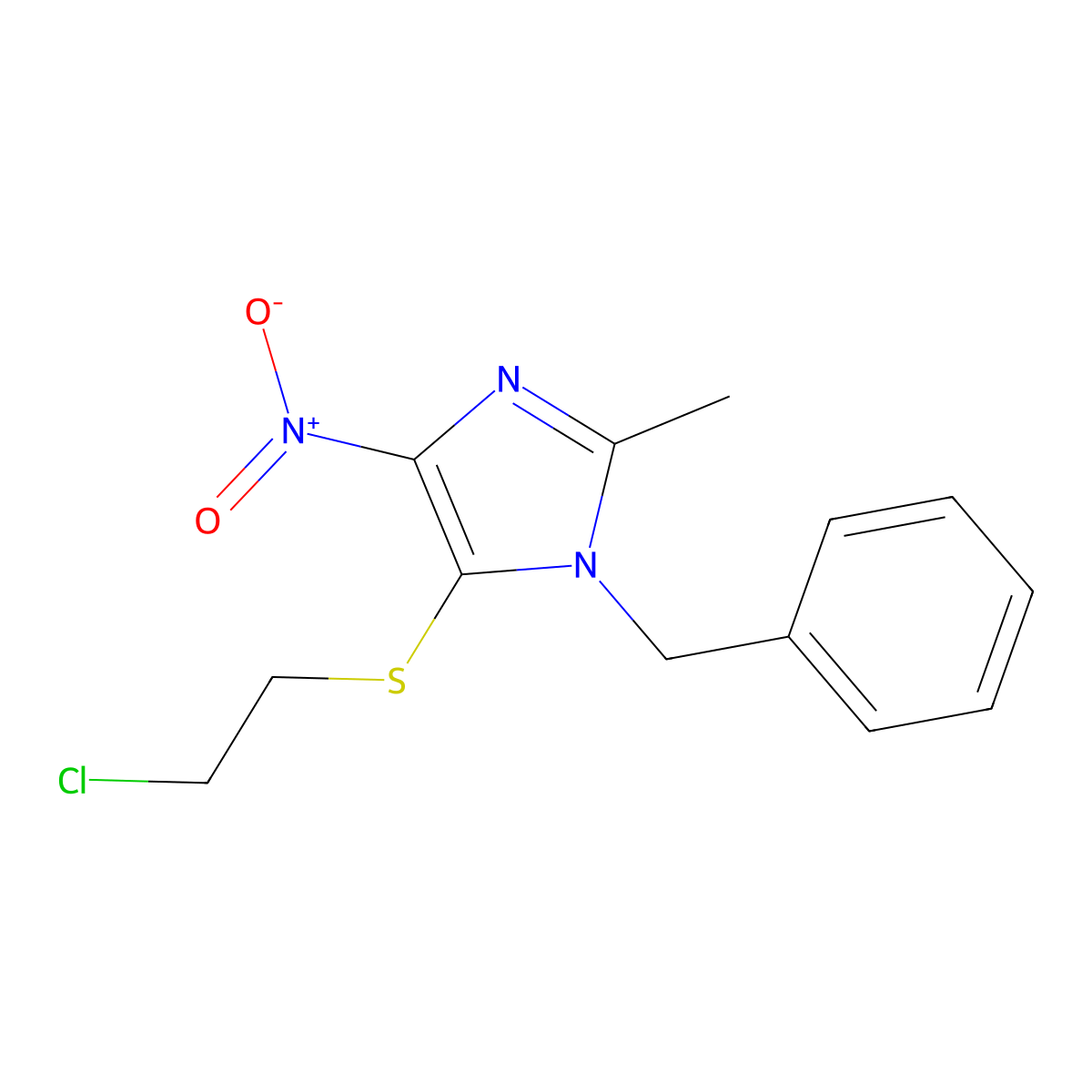 1H-Imidazole, 5-((2-chloroethyl)thio)-2-methyl-4-nitro-1-(phenylmethyl)- molecular structure, CAS 110579-13-0
