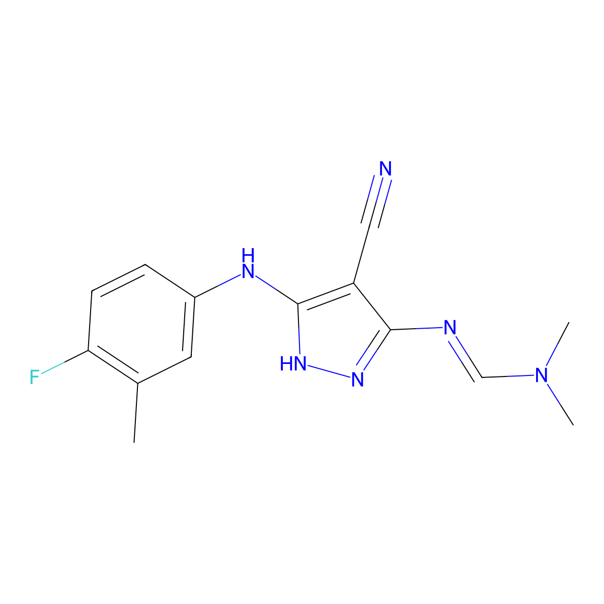 N'-[4-cyano-3-(4-fluoro-3-methylanilino)-1H-pyrazol-5-yl]-N,N-dimethyliminoformamide molecular structure, CAS 1106699-25-5