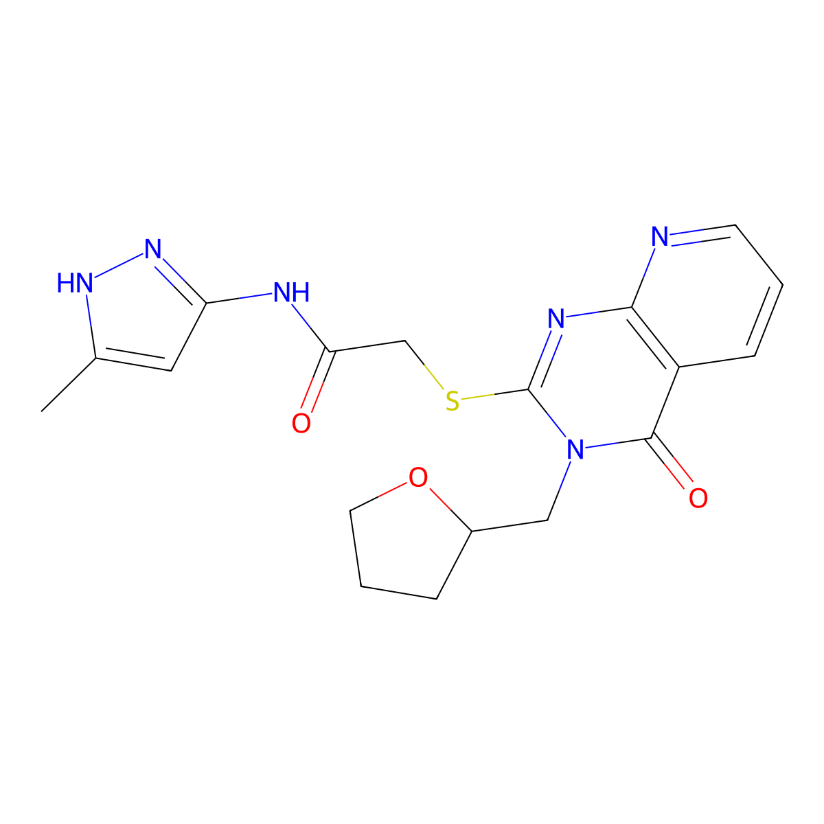 N-(3-methyl-1H-pyrazol-5-yl)-2-({4-oxo-3-[(oxolan-2-yl)methyl]-3H,4H-pyrido[2,3-d]pyrimidin-2-yl}sulfanyl)acetamide molecular structure, CAS 1106731-18-3