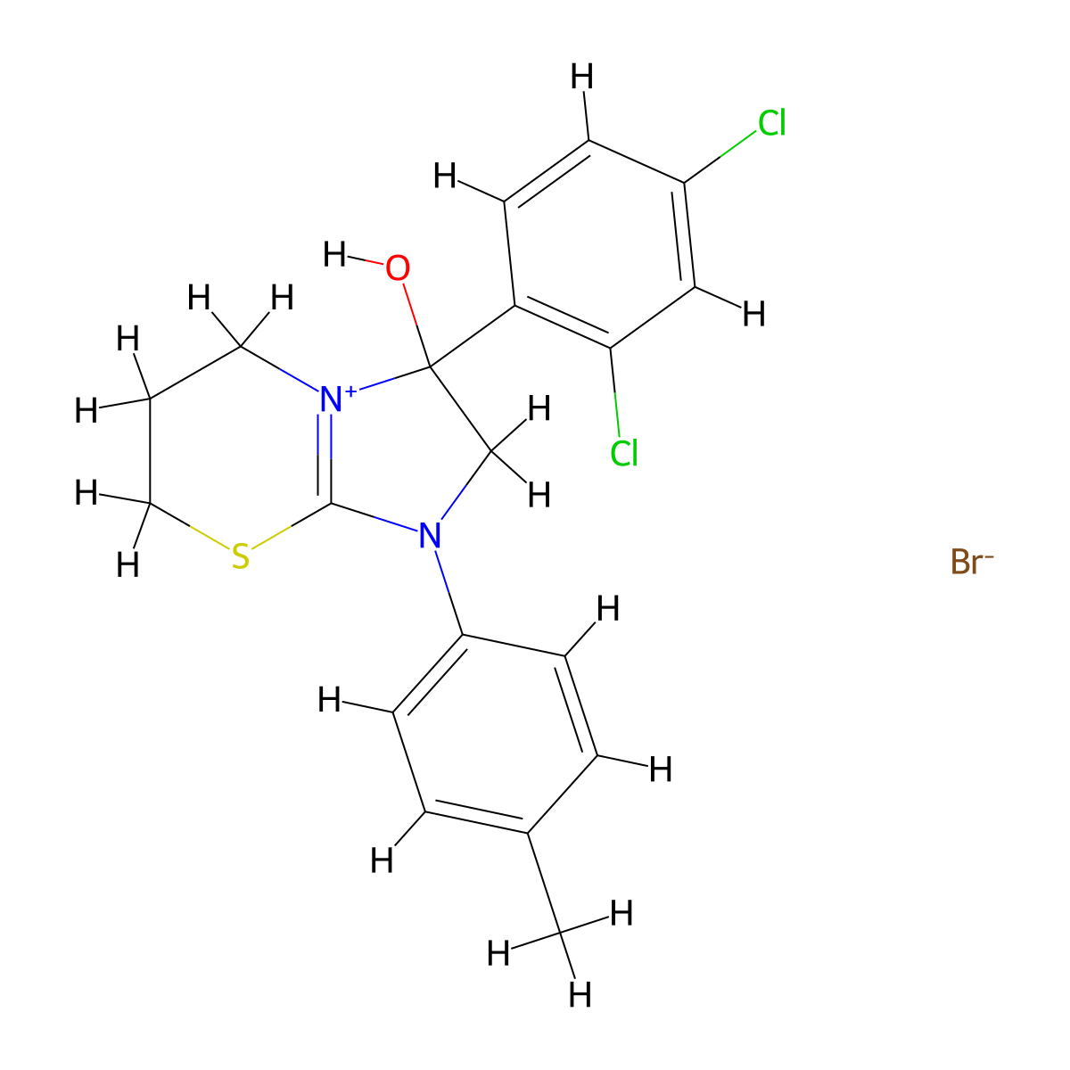 3-(2,4-dichlorophenyl)-3-hydroxy-1-(p-tolyl)-3,5,6,7-tetrahydro-2H-imidazo[2,1-b][1,3]thiazin-1-ium bromide molecular structure, CAS 1106743-00-3