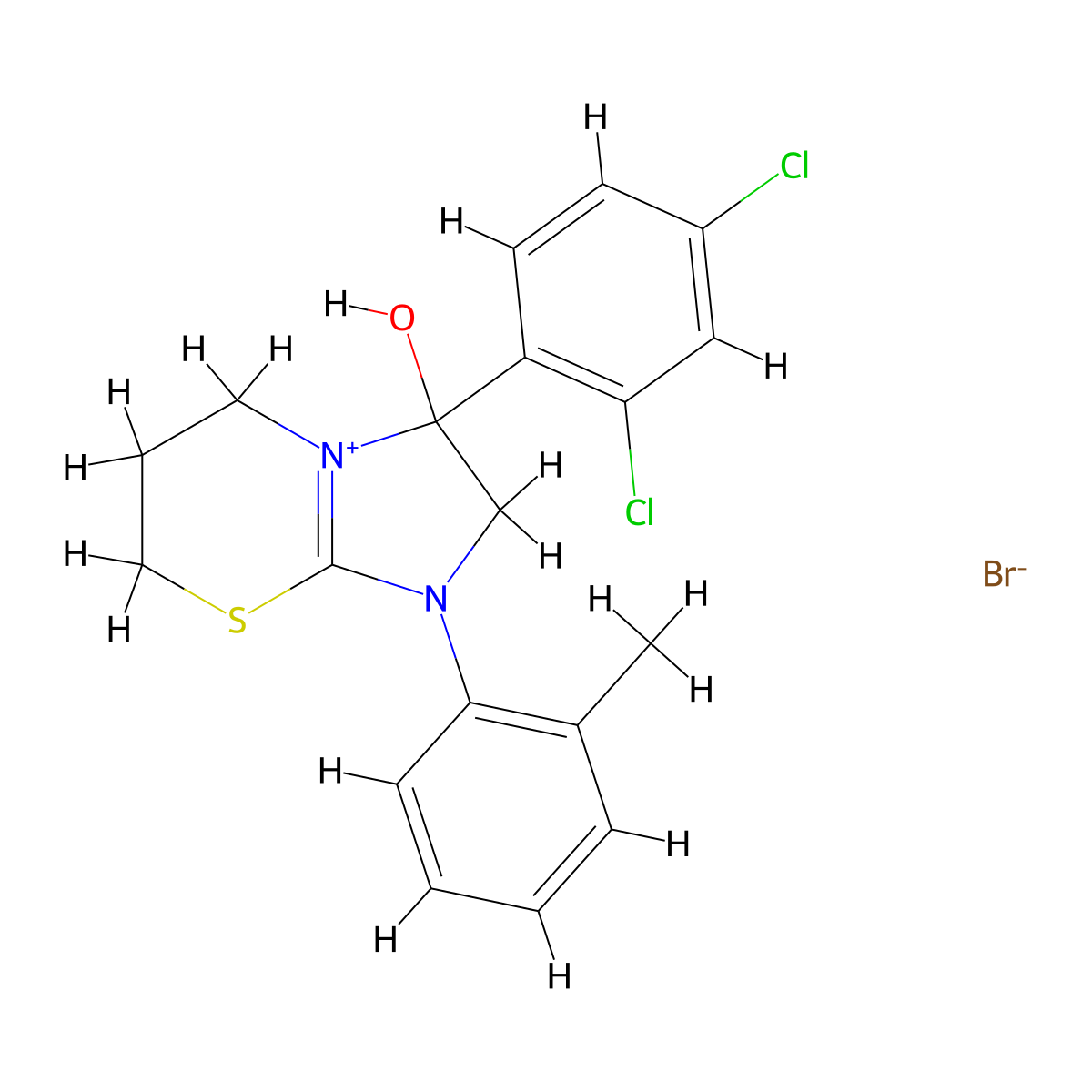 3-(2,4-dichlorophenyl)-3-hydroxy-1-(o-tolyl)-3,5,6,7-tetrahydro-2H-imidazo[2,1-b][1,3]thiazin-1-ium bromide molecular structure, CAS 1106745-04-3