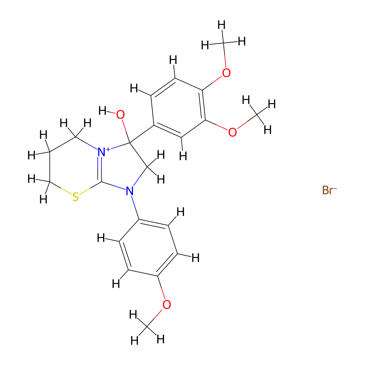 3-(3,4-dimethoxyphenyl)-3-hydroxy-1-(4-methoxyphenyl)-3,5,6,7-tetrahydro-2H-imidazo[2,1-b][1,3]thiazin-1-ium bromide molecular structure, CAS 1106749-31-8