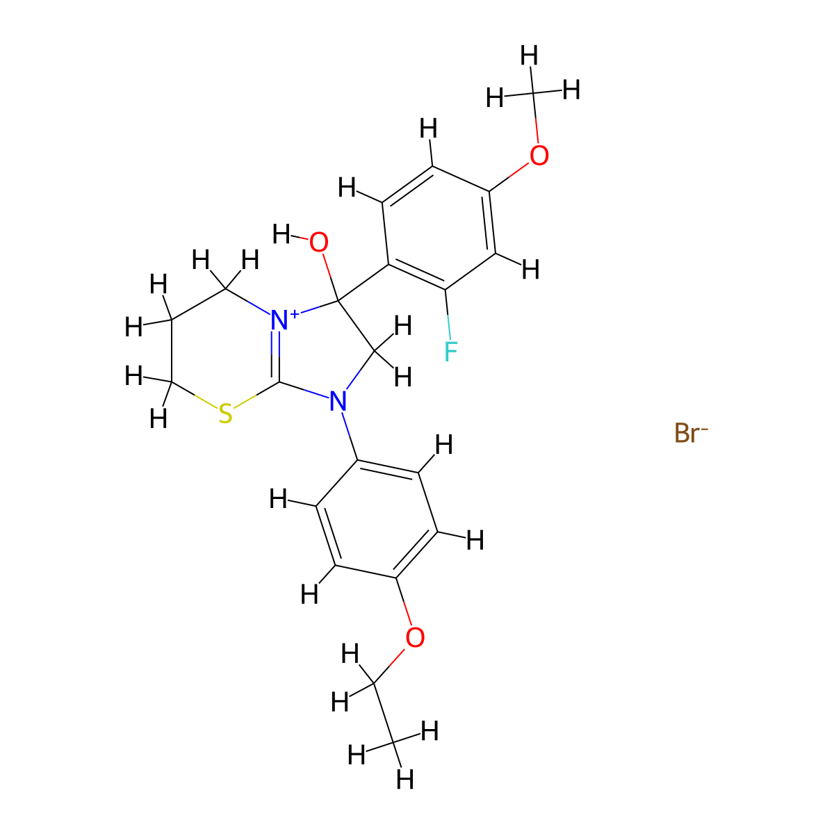 1-(4-ethoxyphenyl)-3-(2-fluoro-4-methoxyphenyl)-3-hydroxy-3,5,6,7-tetrahydro-2H-imidazo[2,1-b][1,3]thiazin-1-ium bromide molecular structure, CAS 1106749-38-5