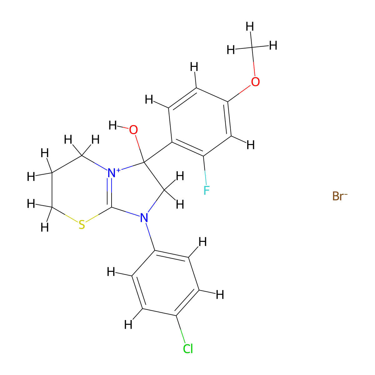 1-(4-chlorophenyl)-3-(2-fluoro-4-methoxyphenyl)-3-hydroxy-3,5,6,7-tetrahydro-2H-imidazo[2,1-b][1,3]thiazin-1-ium bromide molecular structure, CAS 1106749-40-9