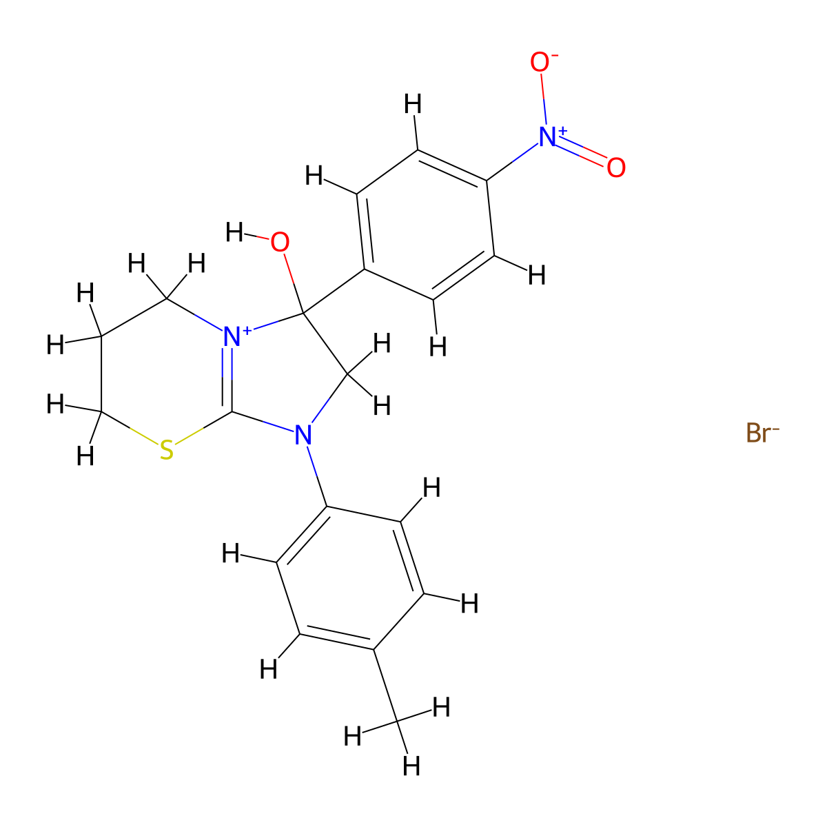 3-hydroxy-3-(4-nitrophenyl)-1-(p-tolyl)-3,5,6,7-tetrahydro-2H-imidazo[2,1-b][1,3]thiazin-1-ium bromide molecular structure, CAS 1106750-45-1