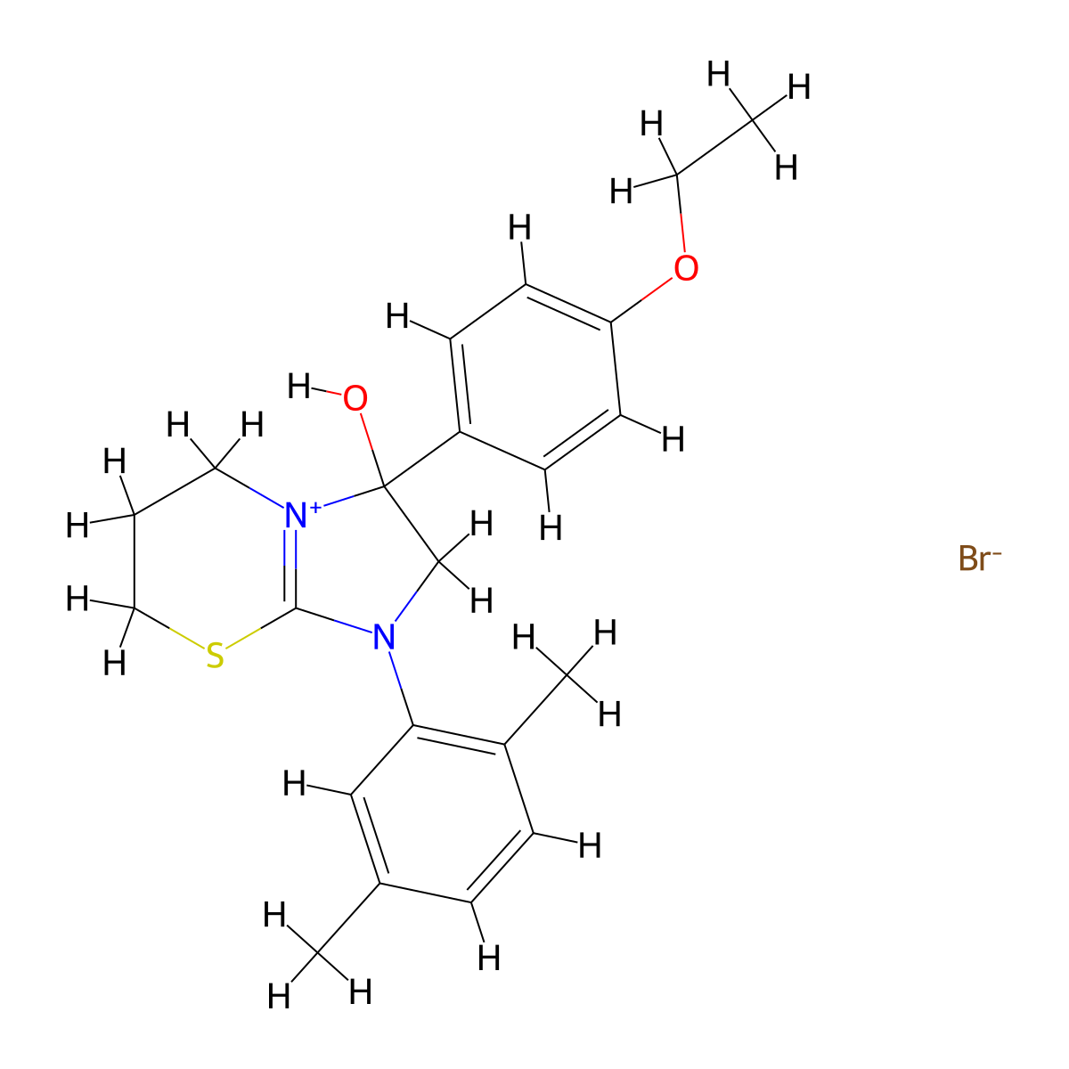 1-(2,5-dimethylphenyl)-3-(4-ethoxyphenyl)-3-hydroxy-3,5,6,7-tetrahydro-2H-imidazo[2,1-b][1,3]thiazin-1-ium bromide molecular structure, CAS 1106750-71-3