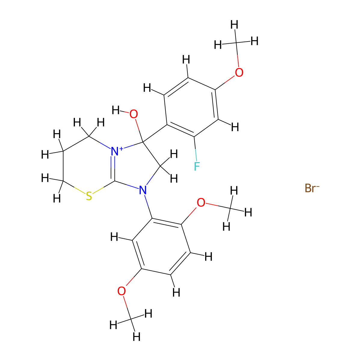 1-(2,5-dimethoxyphenyl)-3-(2-fluoro-4-methoxyphenyl)-3-hydroxy-3,5,6,7-tetrahydro-2H-imidazo[2,1-b][1,3]thiazin-1-ium bromide molecular structure, CAS 1106751-05-6