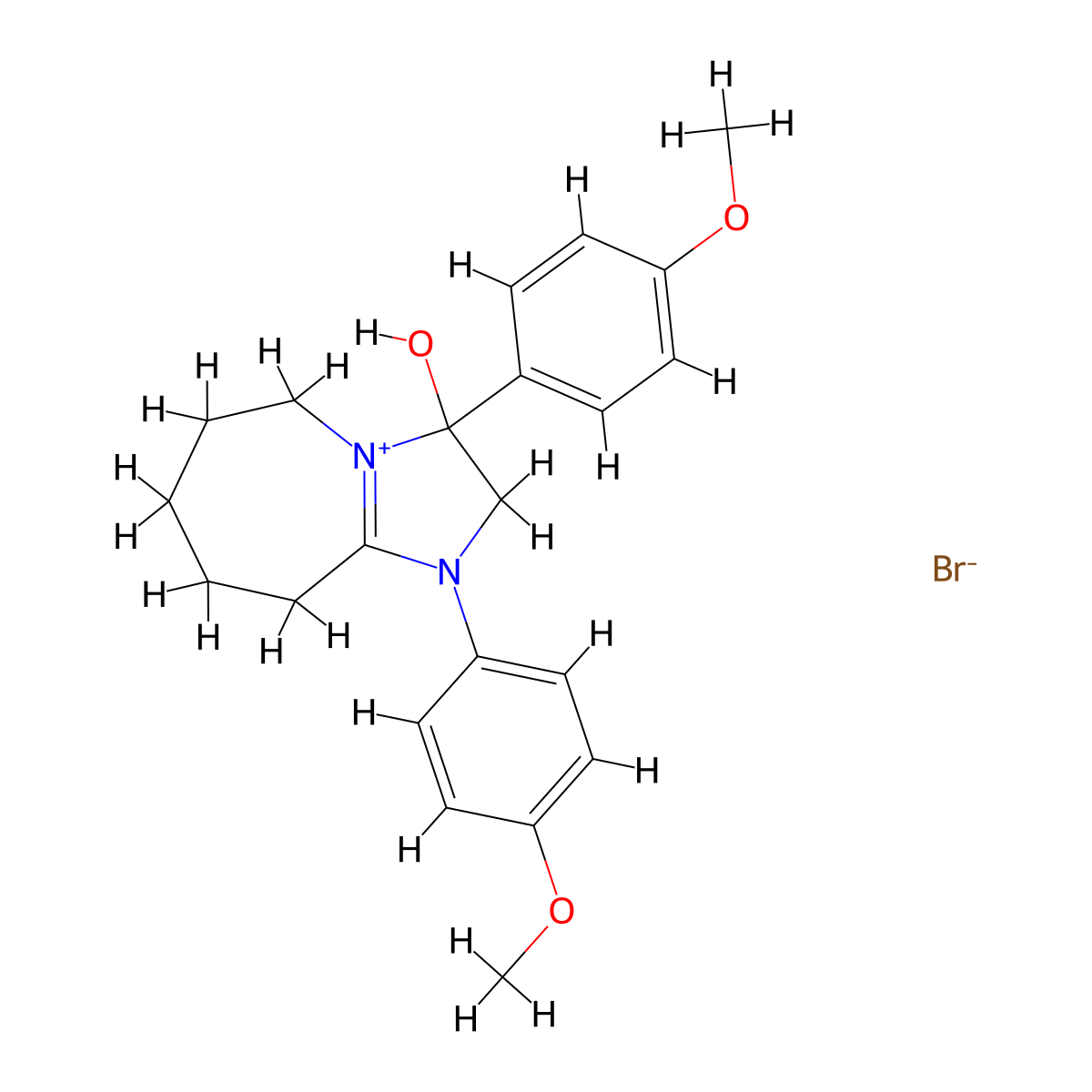 3-hydroxy-1,3-bis(4-methoxyphenyl)-3,5,6,7,8,9-hexahydro-2H-imidazo[1,2-a]azepin-1-ium bromide molecular structure, CAS 1106751-10-3