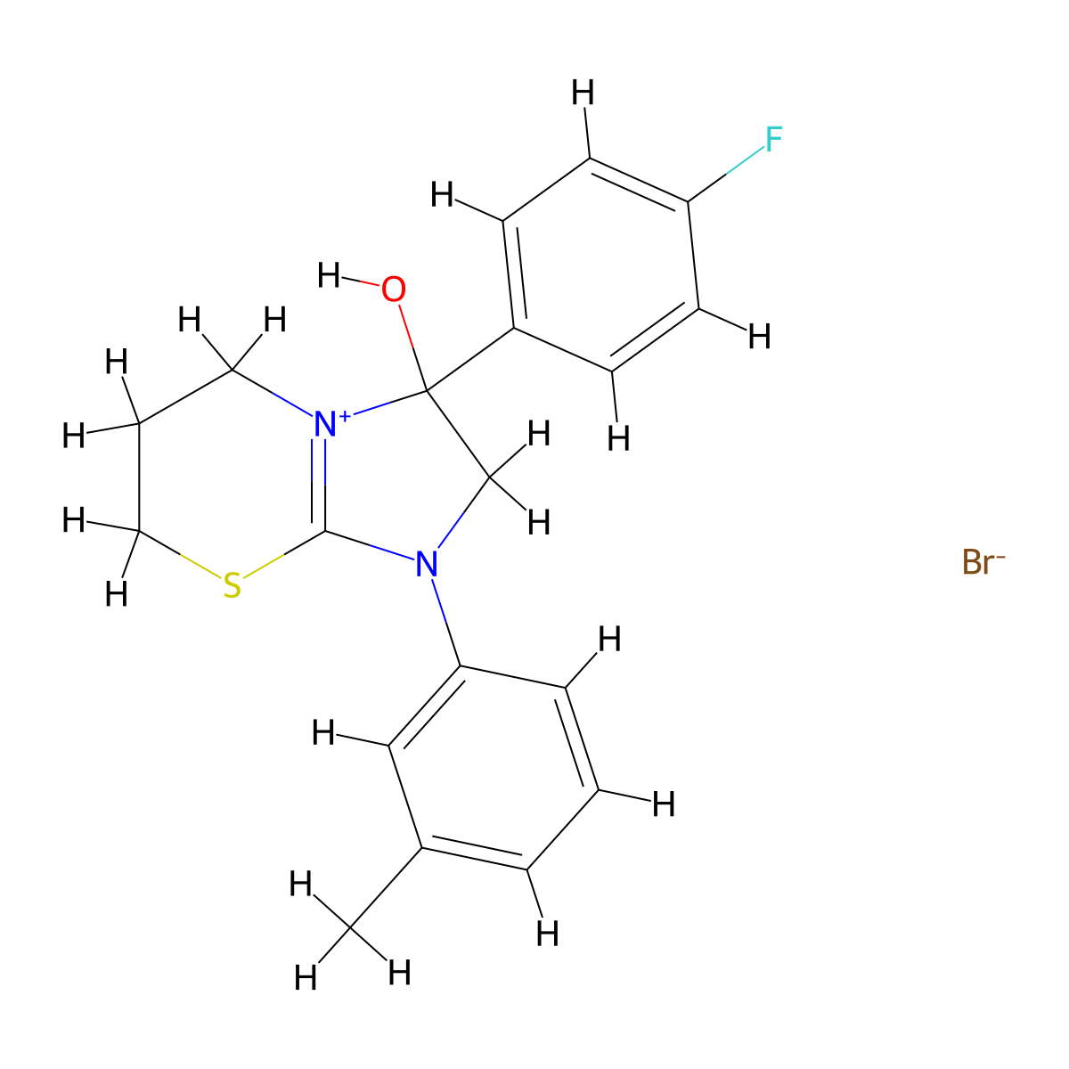 3-(4-fluorophenyl)-3-hydroxy-1-(m-tolyl)-3,5,6,7-tetrahydro-2H-imidazo[2,1-b][1,3]thiazin-1-ium bromide molecular structure, CAS 1106751-59-0
