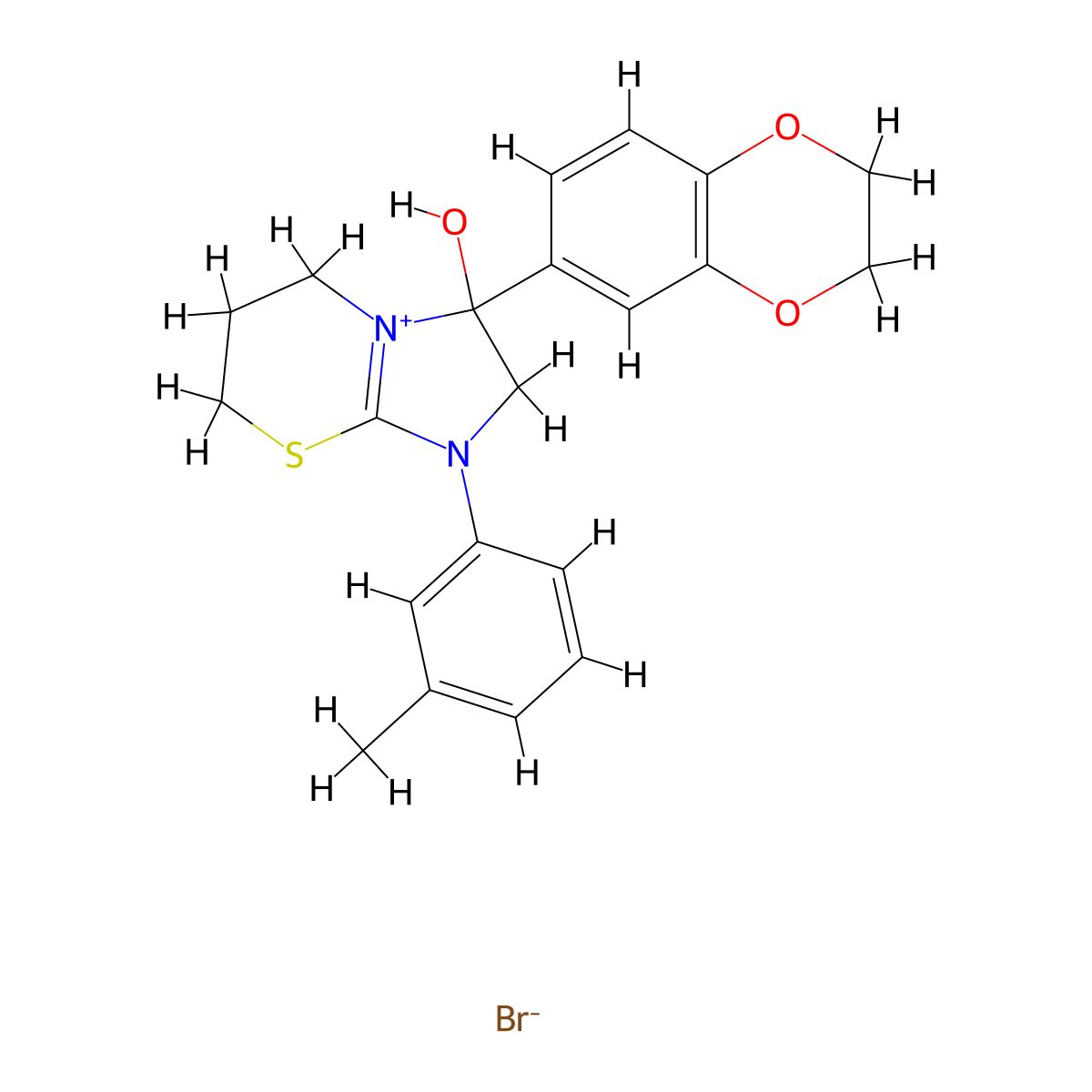3-(2,3-dihydrobenzo[b][1,4]dioxin-6-yl)-3-hydroxy-1-(m-tolyl)-3,5,6,7-tetrahydro-2H-imidazo[2,1-b][1,3]thiazin-1-ium bromide molecular structure, CAS 1106751-66-9