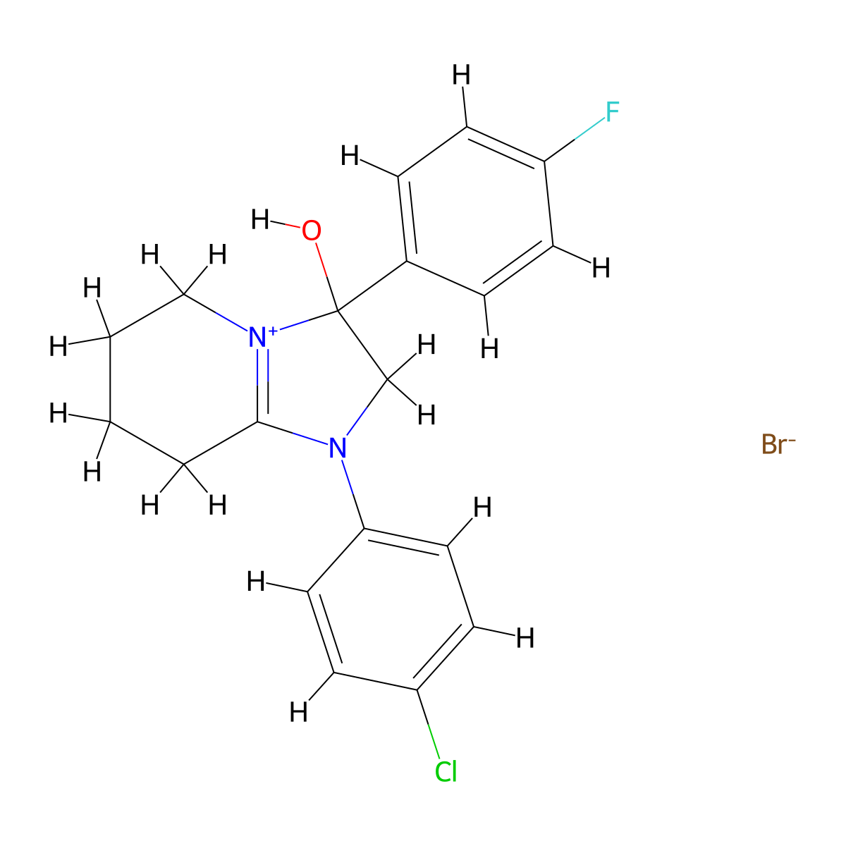 1-(4-Chlorophenyl)-3-(4-fluorophenyl)-3-hydroxy-2,3,5,6,7,8-hexahydroimidazo[1,2-a]pyridin-1-ium bromide molecular structure, CAS 1106769-60-1