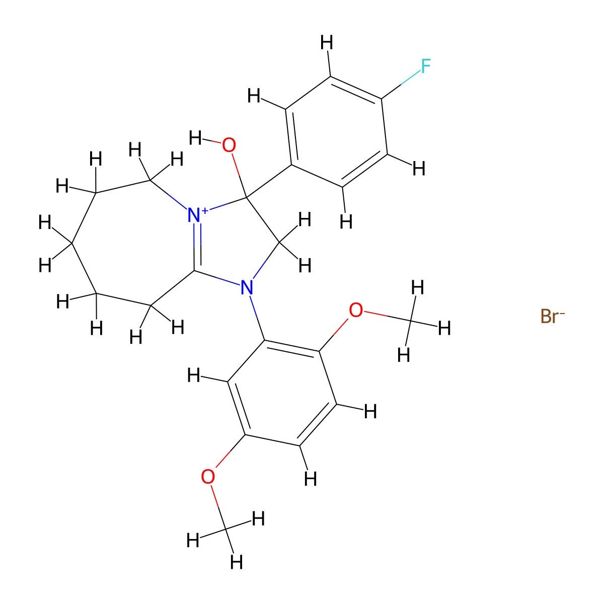 1-(2,5-dimethoxyphenyl)-3-(4-fluorophenyl)-3-hydroxy-3,5,6,7,8,9-hexahydro-2H-imidazo[1,2-a]azepin-1-ium bromide molecular structure, CAS 1106770-10-8