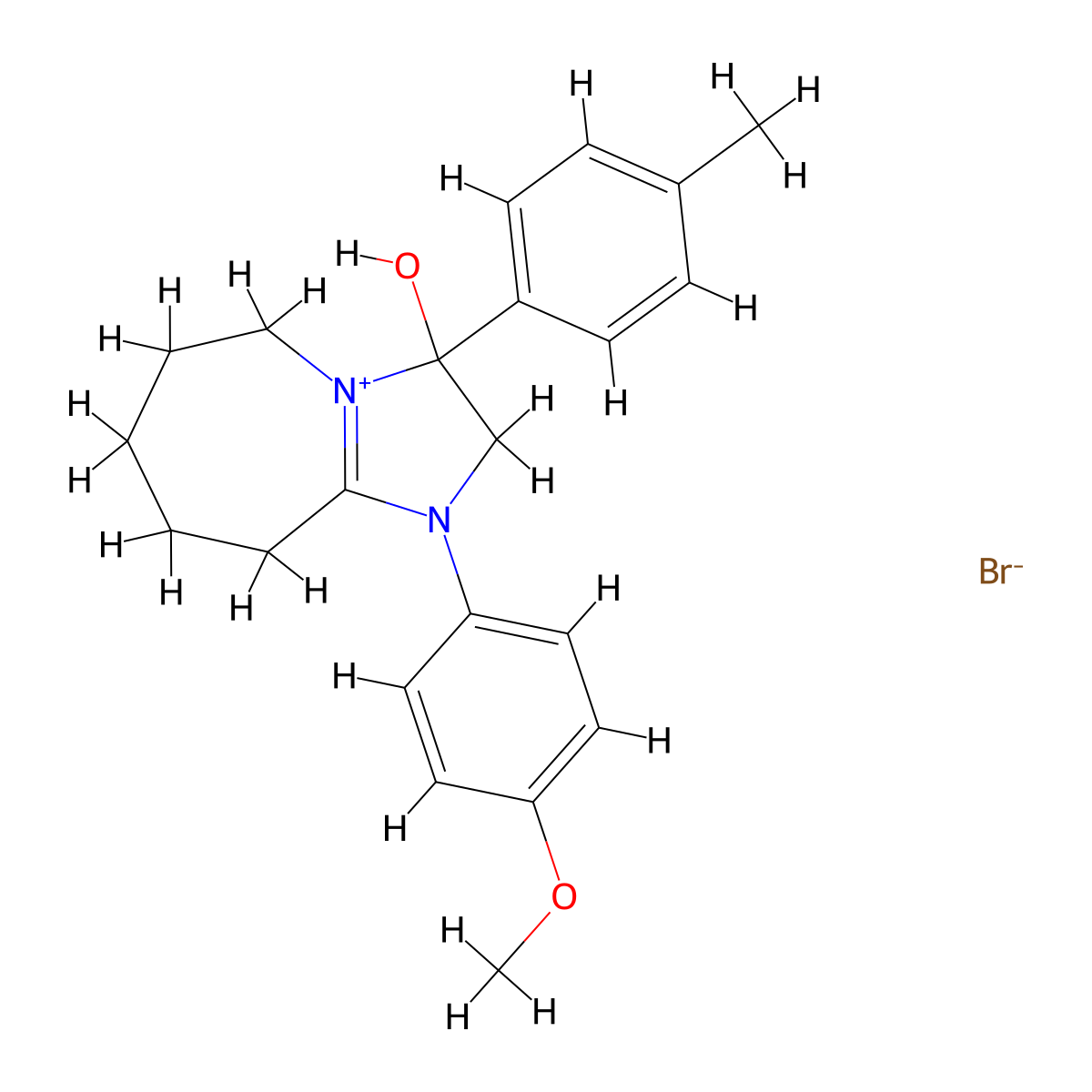 3-hydroxy-1-(4-methoxyphenyl)-3-(p-tolyl)-3,5,6,7,8,9-hexahydro-2H-imidazo[1,2-a]azepin-1-ium bromide molecular structure, CAS 1106770-20-0