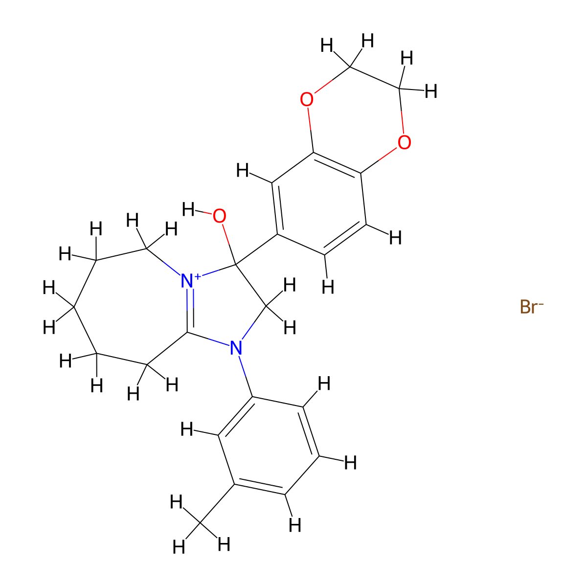 3-(2,3-dihydrobenzo[b][1,4]dioxin-6-yl)-3-hydroxy-1-(m-tolyl)-3,5,6,7,8,9-hexahydro-2H-imidazo[1,2-a]azepin-1-ium bromide molecular structure, CAS 1106770-66-4