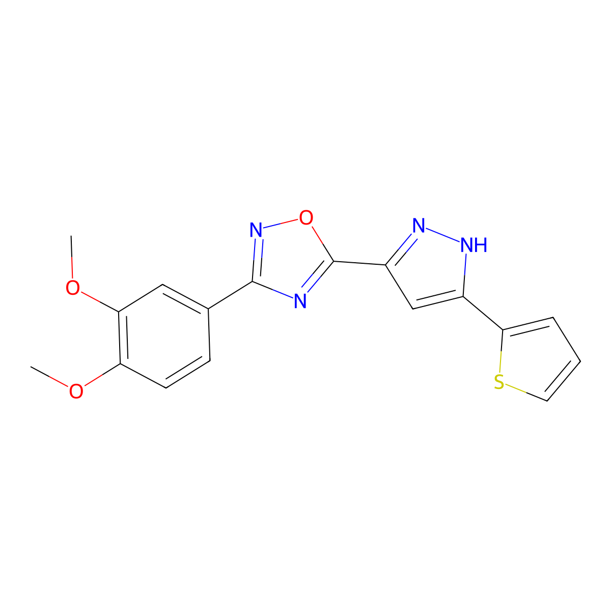 3-(3,4-dimethoxyphenyl)-5-(3-(thiophen-2-yl)-1H-pyrazol-5-yl)-1,2,4-oxadiazole molecular structure, CAS 1106846-80-3