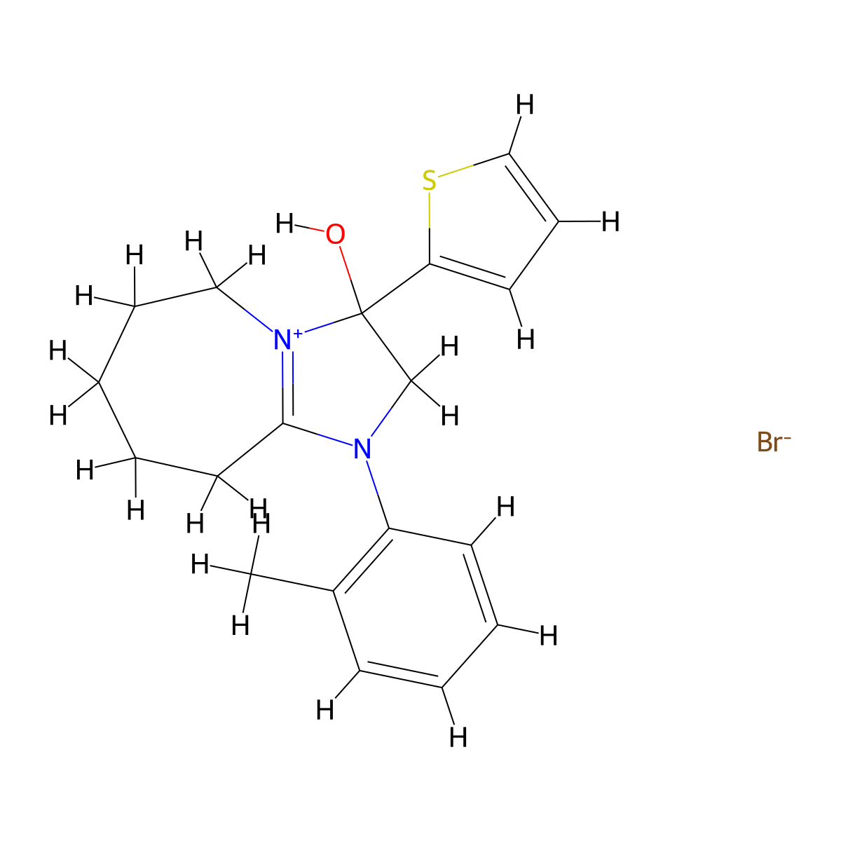 3-hydroxy-3-(thiophen-2-yl)-1-(o-tolyl)-3,5,6,7,8,9-hexahydro-2H-imidazo[1,2-a]azepin-1-ium bromide molecular structure, CAS 1106857-70-8